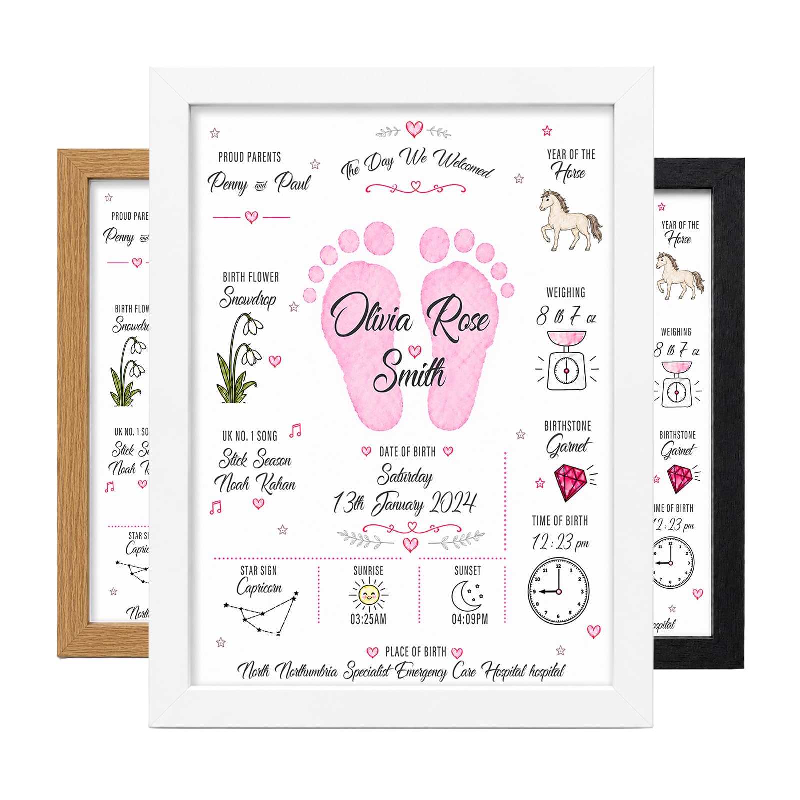 Morkean Personalised Baby Gifts, Birth Frame(Rose Footprints-Framed)