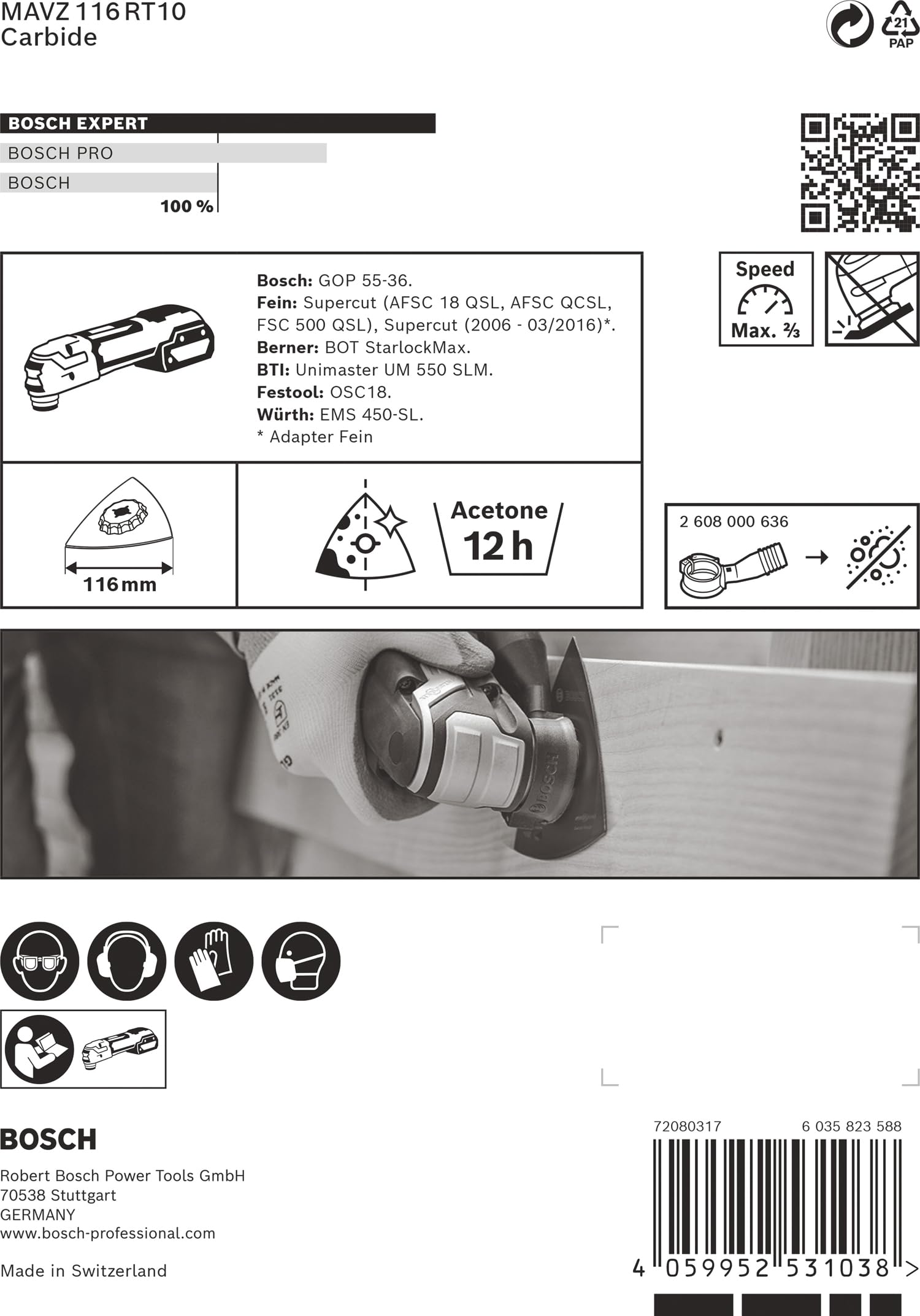 Bosch Professional 1x Hoja de multiherramienta Expert Sanding Plate MAVZ 116 RT10 (para Madera dura, Madera blanda, Ø 116 mm, grano 100, accesorios Multiherramienta)