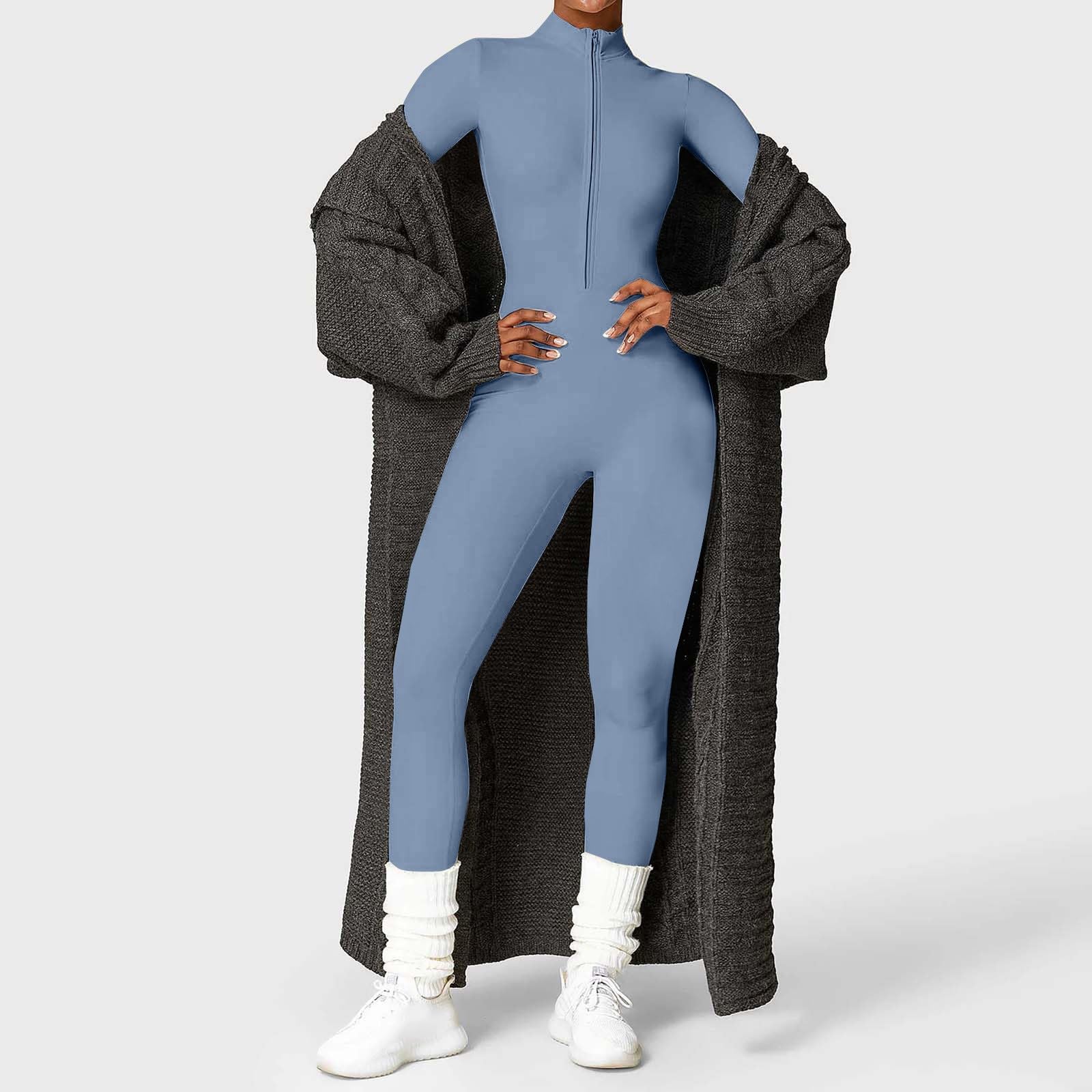 Generisch Tuta sportiva da donna, lunga, per yoga, sexy, aderente | Tutina elastica con cerniera, a maniche lunghe, con scollo a V, senza cuciture, per palestra, fitness, jogging