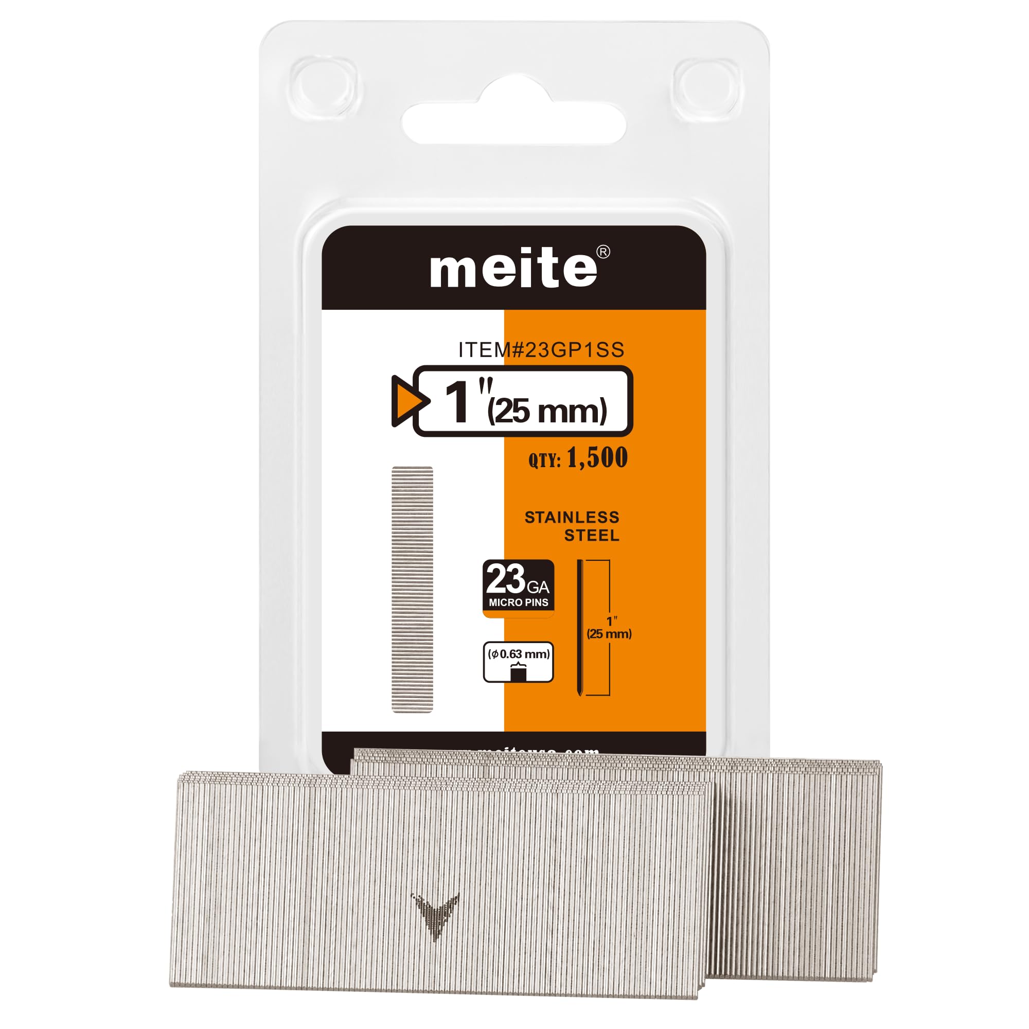 meite 23 Gauge Pin Nails, 304 Stainless Steel Headless Nails for Nail Gun, 25 mm Micro Pin Nails for Trim, Craft & Woodworking, 1,500-Counts — image 1