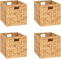M4DECOR 12x12 Water Hyacinth Wicker Storage Baskets for Cube Organizers - 4 Pack Square Bins for Shelves, Bedroom, Living Room