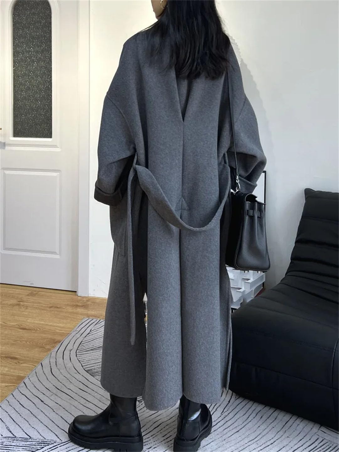 Damen-Mantel, doppelseitig, Wolle, Kaschmir, lockerer Schnürung, modisch, warm, Wollmantel, langer Wintermantel, grau, S