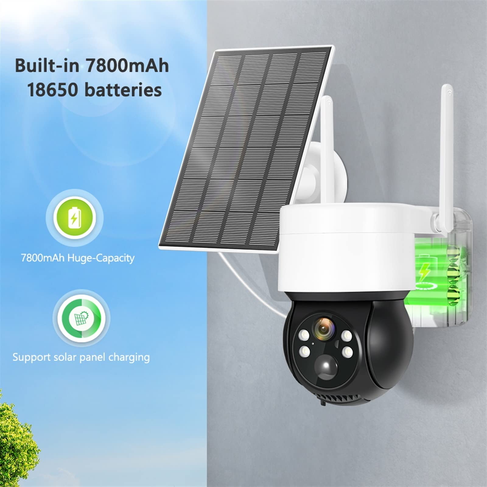 Telecamera Wifi Esterno, Telecamera solare 3MP Telecamera IP PTZ for rilevamento movimento PIR esterna con pannello solare 7800Mah Batteria 1080P CCTV Videosorveglianza ,Sicurezza, Antifurto(1080P NO