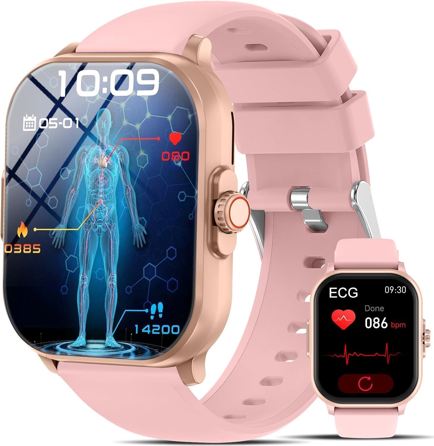 YYKY Montre Connectée Femme avec ECG/VRC, Appels Bluetooth, Suivi Santé 24H | Montre santé 2,01" avec suivi du sommeil, bouton SOS, indice IP67, autonomie de 3 à 7 jours, pour seniors, iOS Android