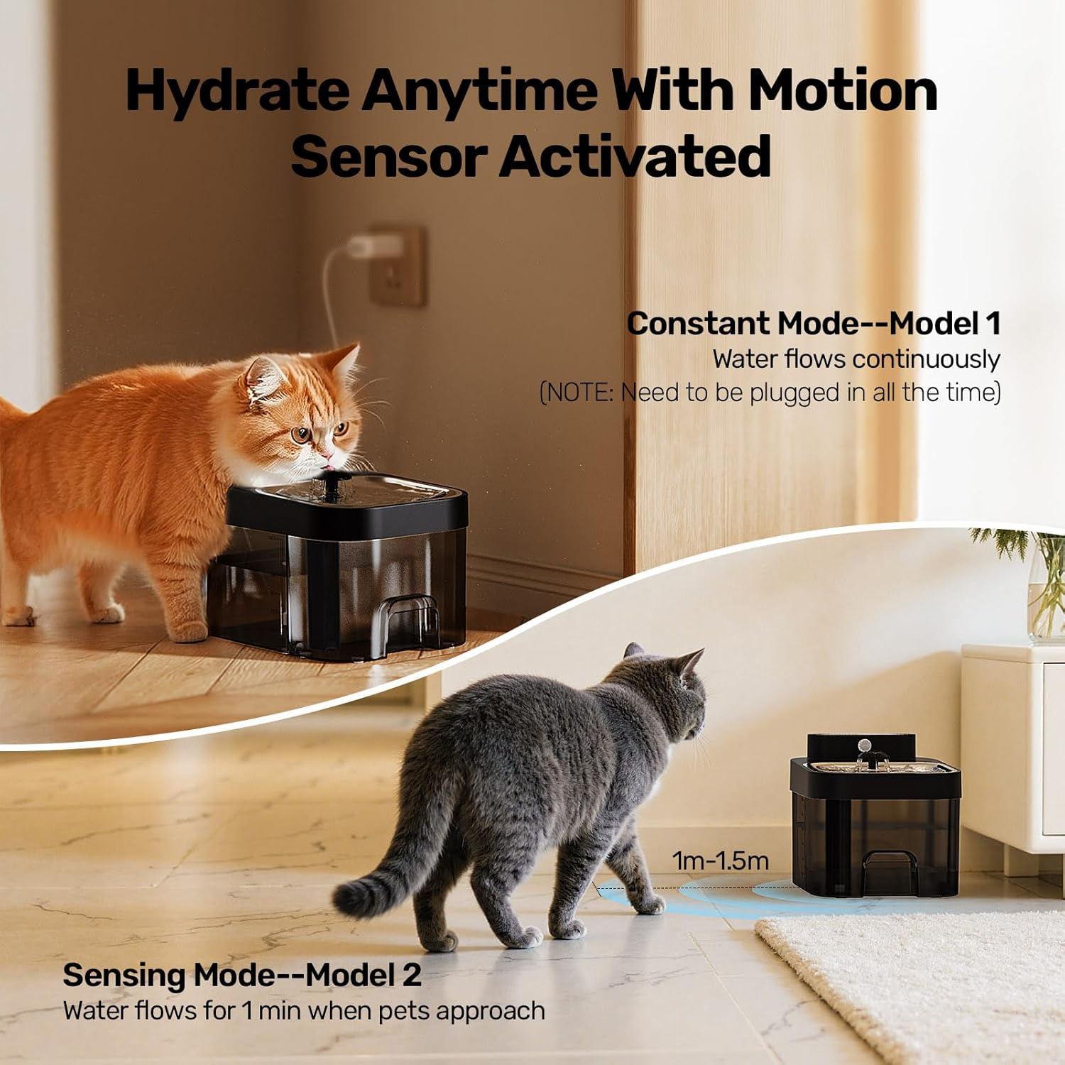 Cat Water Fountain, Wastewater Separation & No Filter Cotton, Pet Water Dispenser with 101oz/3L Large Capacity Tank, Wireless Automatic Water Fountains for Cats Indoor Cat Watering Supplies