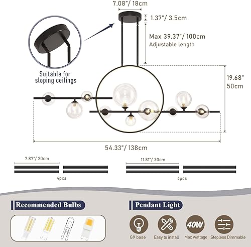 Miniatura 3 de KELUOLY 10 lámparas colgantes modernas, 54 pulgadas, color negro, regulable, de mediados de siglo, para comedor, grandes burbujas, luces lineales de