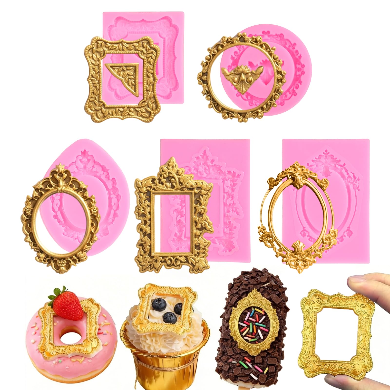 5 Pcs Frame Mould, Baroque Style Frame Fondant Moulds for Chocolate, Silicone Moulds for Cake, Candy, Donut, Fondant Decoration, and Clay Craft Making (Pink)