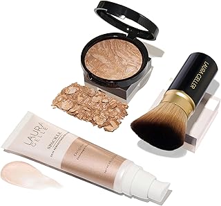 LAURA GELLER NEW YORK Everyday Routine Kit - Baked Balance-N-Brighten Color Correcting Powder Foundation, Medium + Retractable Angled Kabuki + Spackle Makeup Primer, Champagne Glow (3 PC)