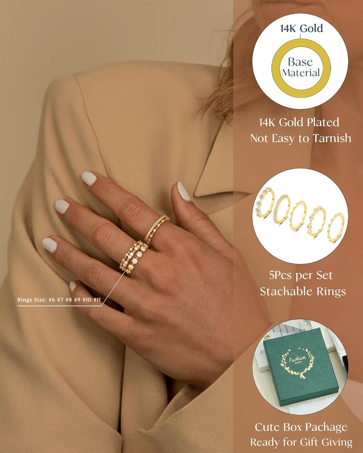 FUNEIA Stackable Silver Gold Rings for Women Non Tarnish 14K Gold Plated Thumb Cubic Zirconia Rings for Women Dainty Pinky Promise Wedding Ring Set Women's Engagement Eternity Band Rings Gold Jewelry - Image 3