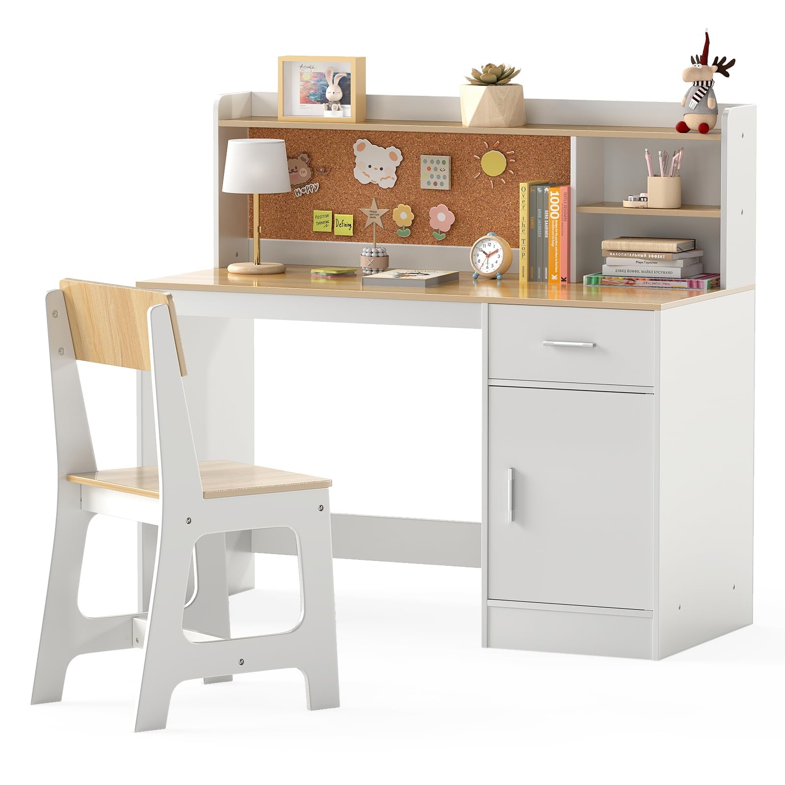 LIFEZEAL Ensemble de Table et Chaise pour Enfants, mobilier Multifonctionnel pour Enfants, Bureau avec étagère, tiroir, Armoire, Tableau en liège, Tabouret Ergonomique avec Dossier incliné (Naturel)