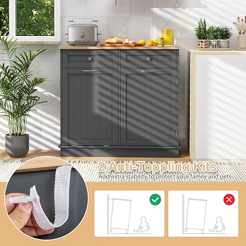 Miniatura 9 de Giantex Armario de basura inclinable de 15.5 galones, armario de madera para lavandería, 2 cajones, gabinete de almacenamiento, armario de basura de