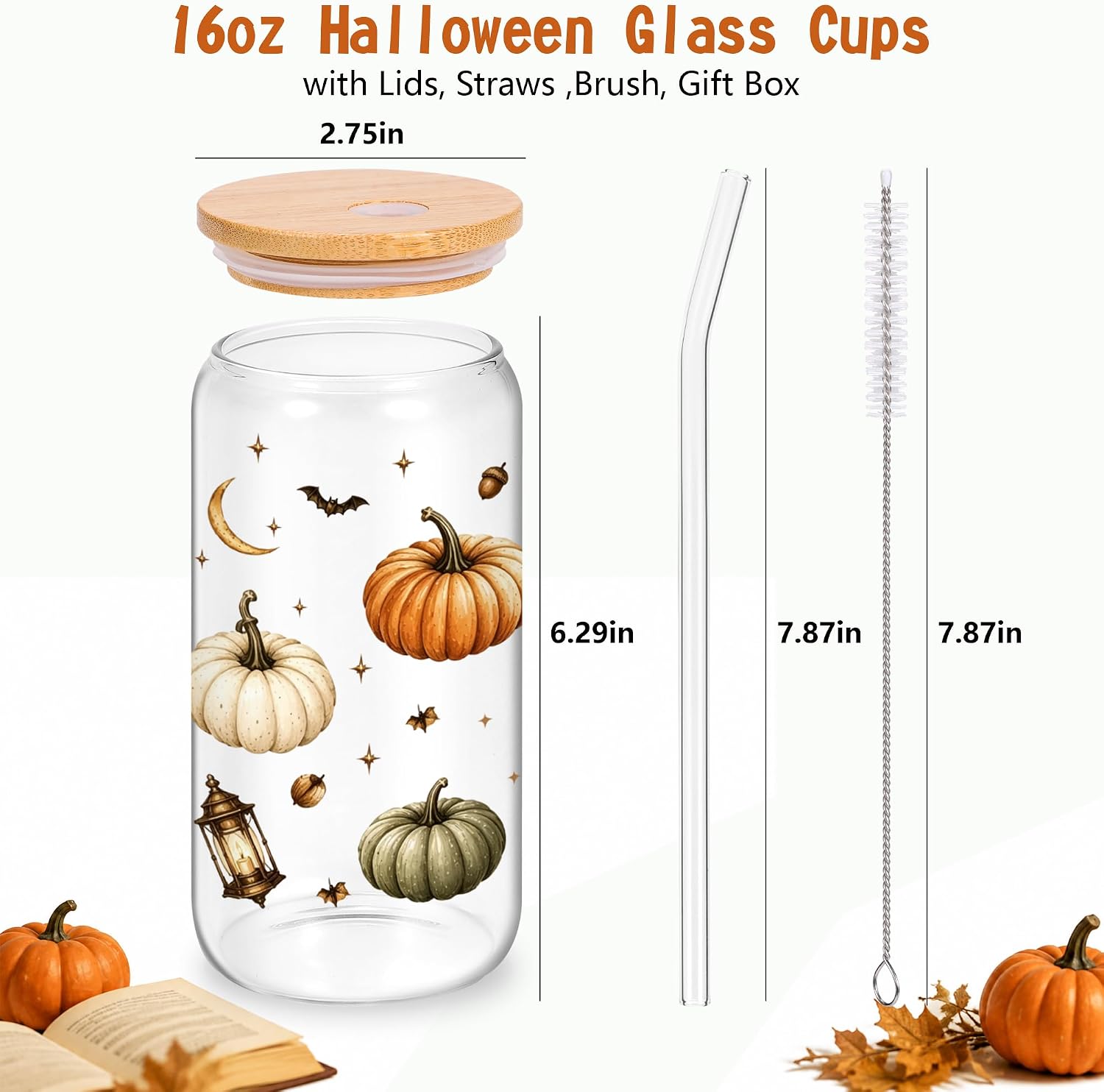 Lamyba Fall Boo Basket Stuffers for Adults Teens Girls - Halloween Fall Gifts for Women, 16oz Pumpkin Glass Cups with Lid & Straw