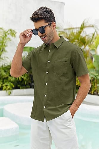 Miniatura 2 de Ryannology Mens Guayabera Shirts Linen Short Sleeve Button Down Casual Beach Cuban Camp Mexican Shirt for Men Khaki