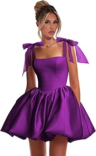 Women's Satin Homecoming Dresses A Line Cocktail Party Gown with Bow Mini Puffy Prom Gowns HRW22 - Buy now
