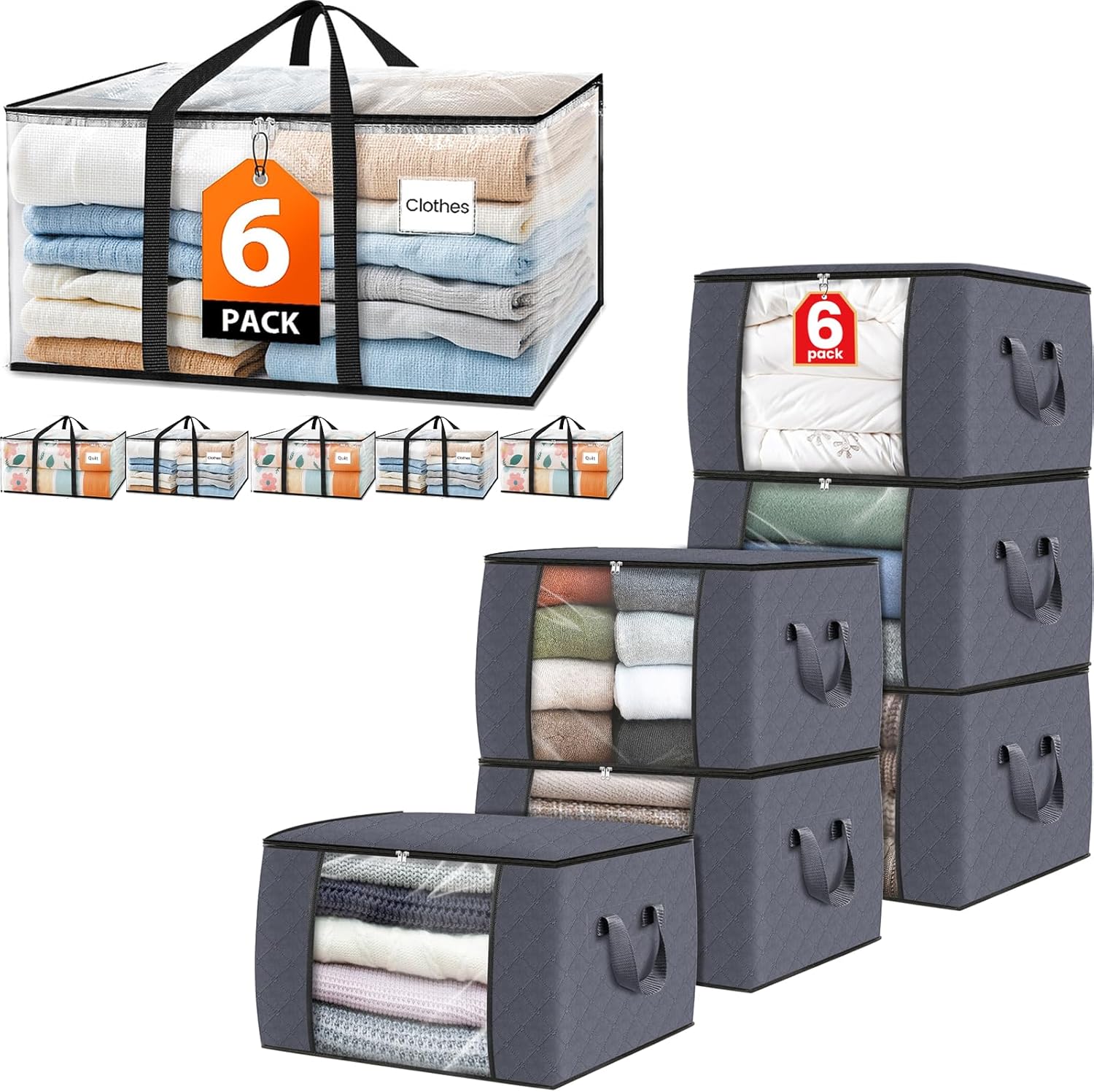 Fab totes 6 Pack Storage Bags for Blanket Clothes and 6 Pack 88L Clear Zippered Moving bags