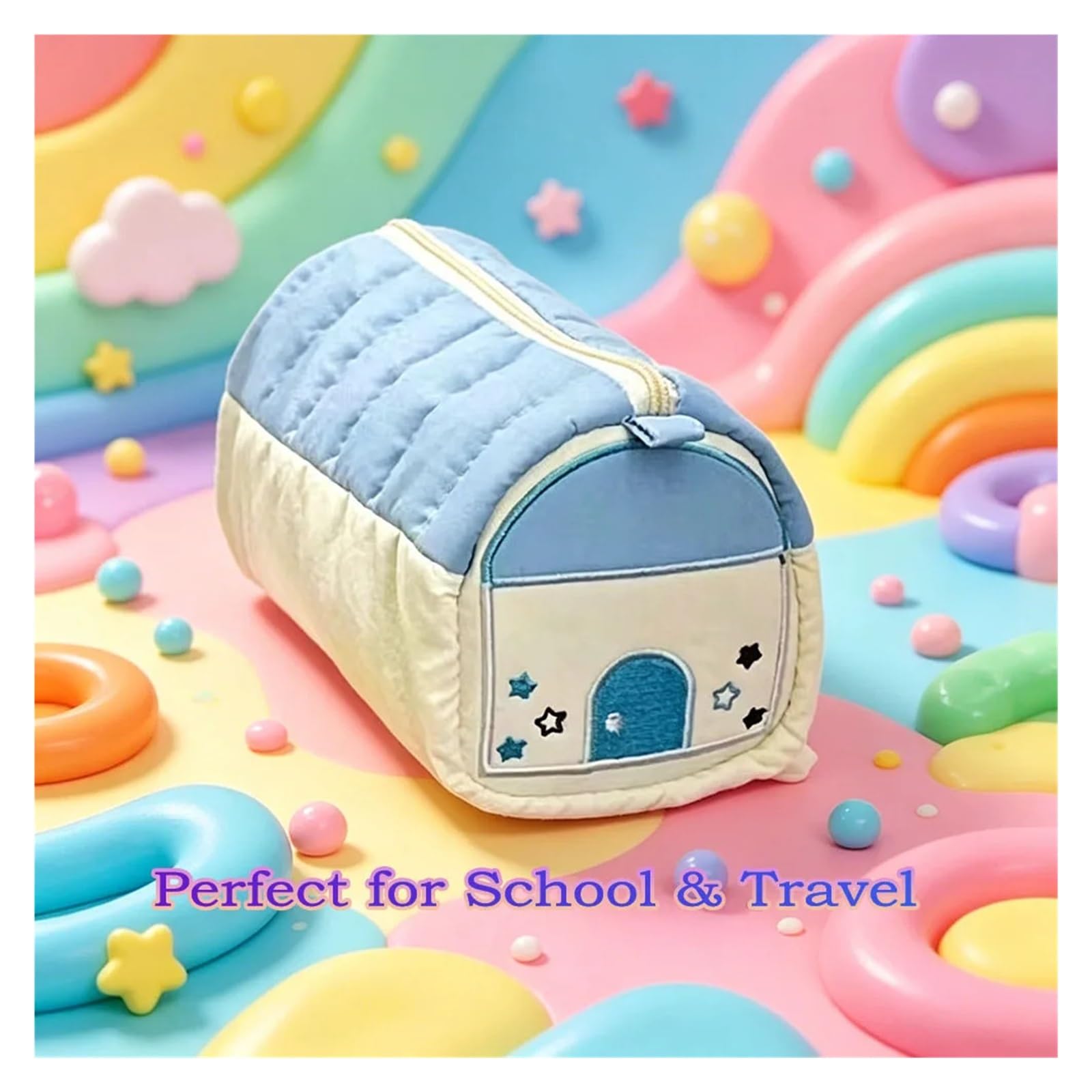 Astuccio portapenne 3D House for la scuola | Kawaii, tela, grande capacità, simpatico cartone animato, regalo for ragazze(Blue)