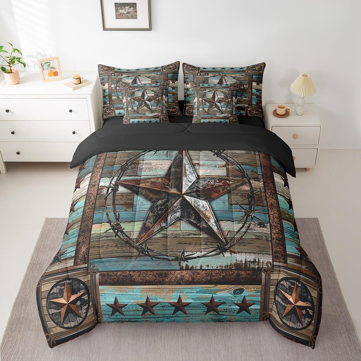 Feelyou Teal West Texas Star 7 Pieces Bedding Set Queen Size Western Aztec Comforter Set with Sheets for Kids Boys Girls Decor Cowboy Rustic Farmhouse Tribal Exotic Style Bed in a Bag Bedroom Decor
