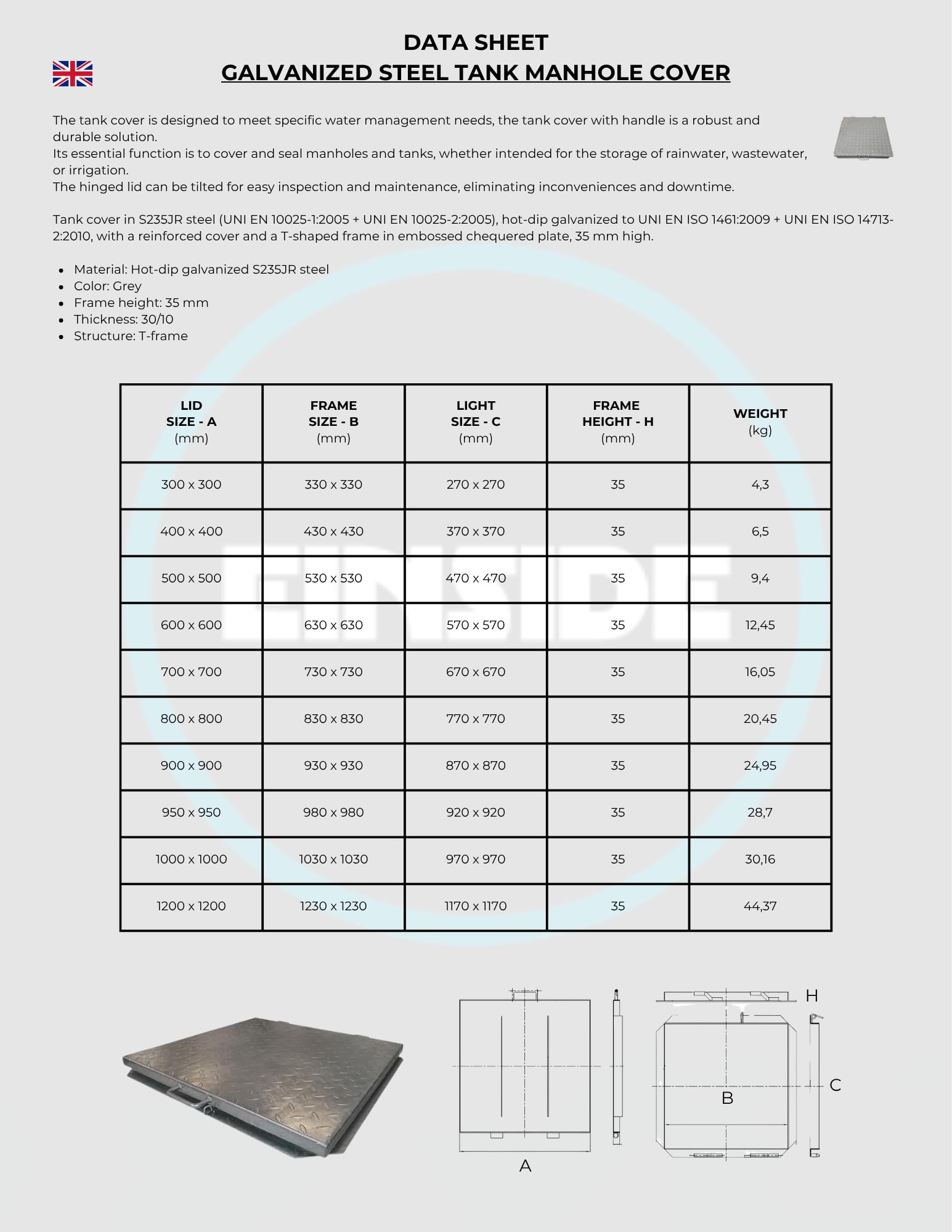 EINSIDE Deckel Tank, Schachtdeckel für Tank verzinkt, Schachtabdeckung 100 x 100 cm