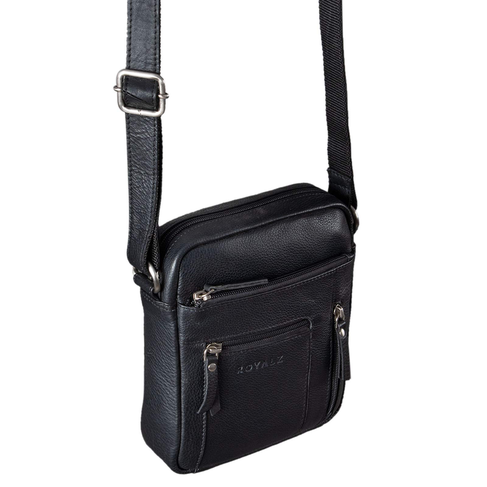 ROYALZ 'Dallas' Kleine Umhängetasche Herren Leder - Männer Schultertasche Echtleder im Vintage Look - Mini Ledertasche ideal für Alltag und Freizeit;Farbe:Schwarz