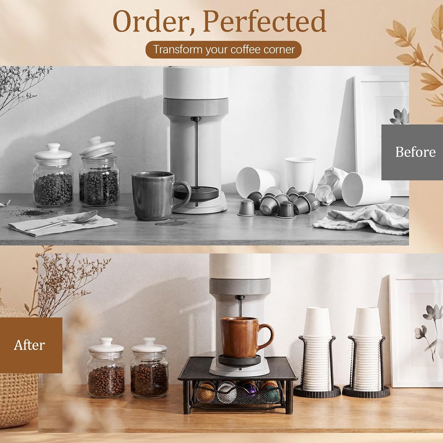 Yookeer Coffee Pod Holder Sliding Drawer with 2 Disposable Cup & Lid Holder