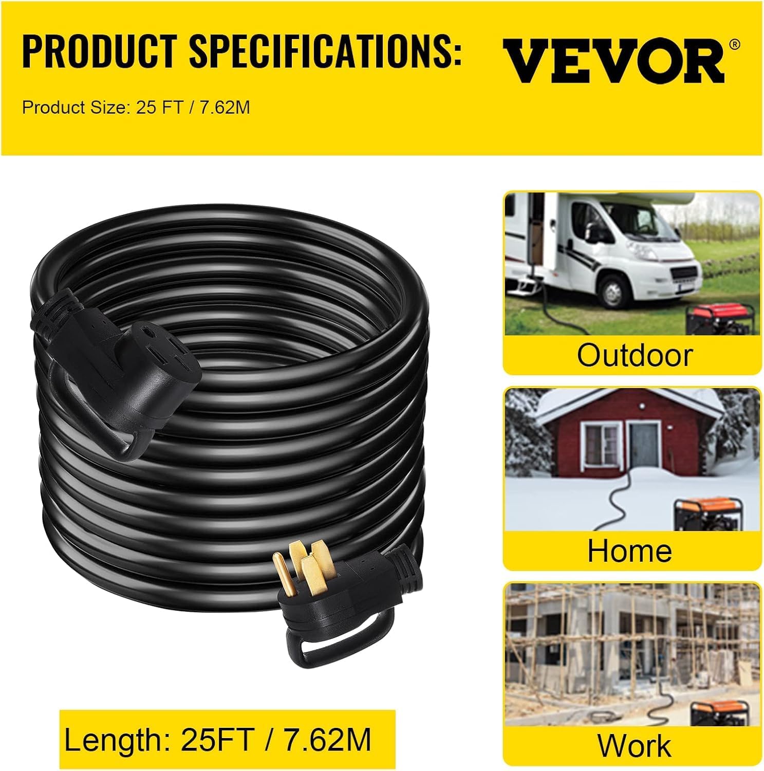 VEVOR 25 FT 50Amp RV Extension Cord NEMA N14-50P to N14-50R, 125 / 250V Heavy Duty STW 6/3+ 8/1 RV Power Cord, for EV Charging and RV Trailer Campers