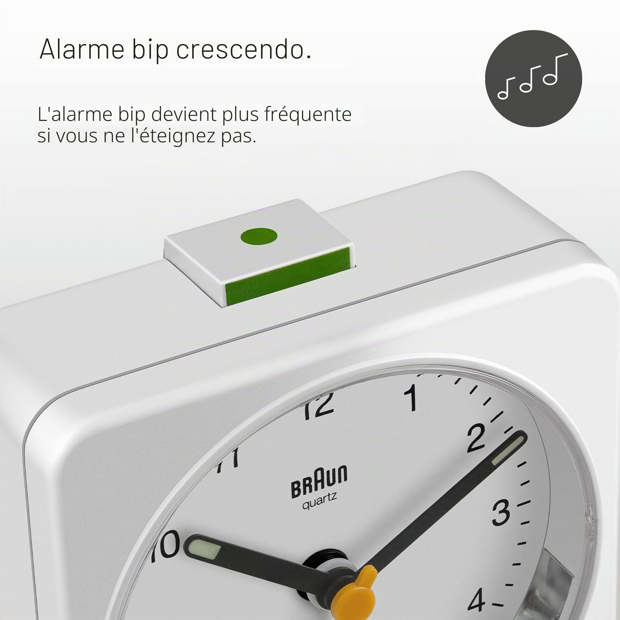 Braun Classic Analogue Alarm Clock with Snooze and Light, Quiet Quartz Sweeping Movement, Crescendo Beep Alarm in White, Model BC03W.