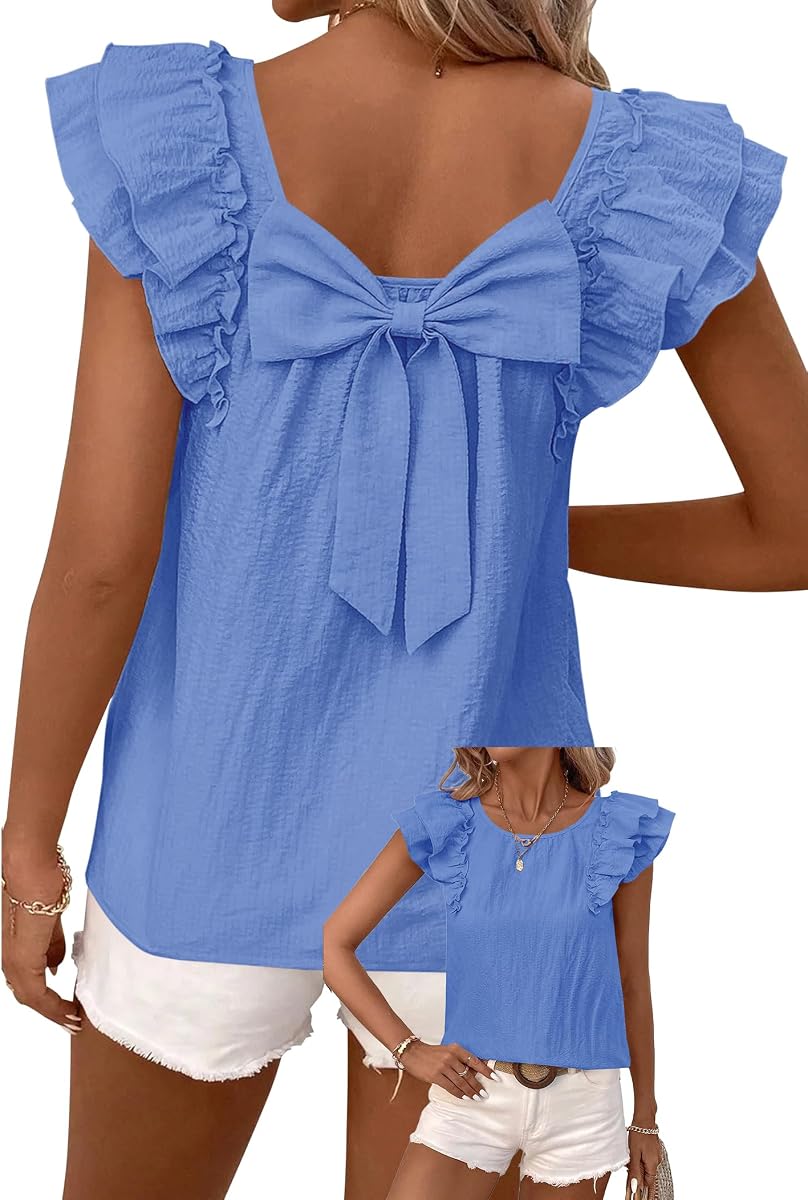 Halife Womens Summer Tops Bow Tie Back Ruffle Sleeve Cute Babydoll Top