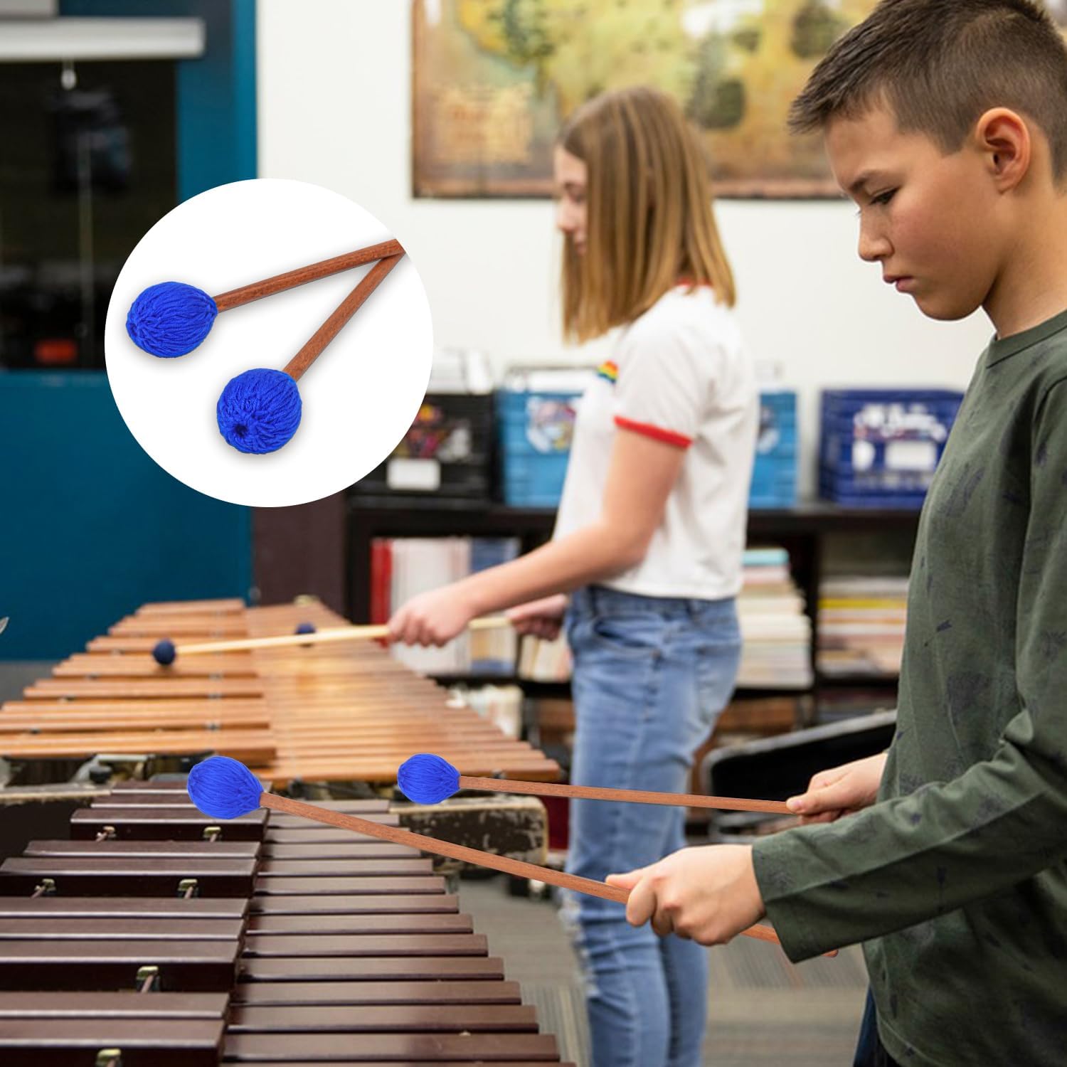 2 Pair Blue Marimba Mallets - Professional Marimba Mallets Set with Yarn Mallets and Birch Handle, Medium Hard Mallets, Ideal for Marimba, Xylophone, Vibraphone, Percussion Instruments