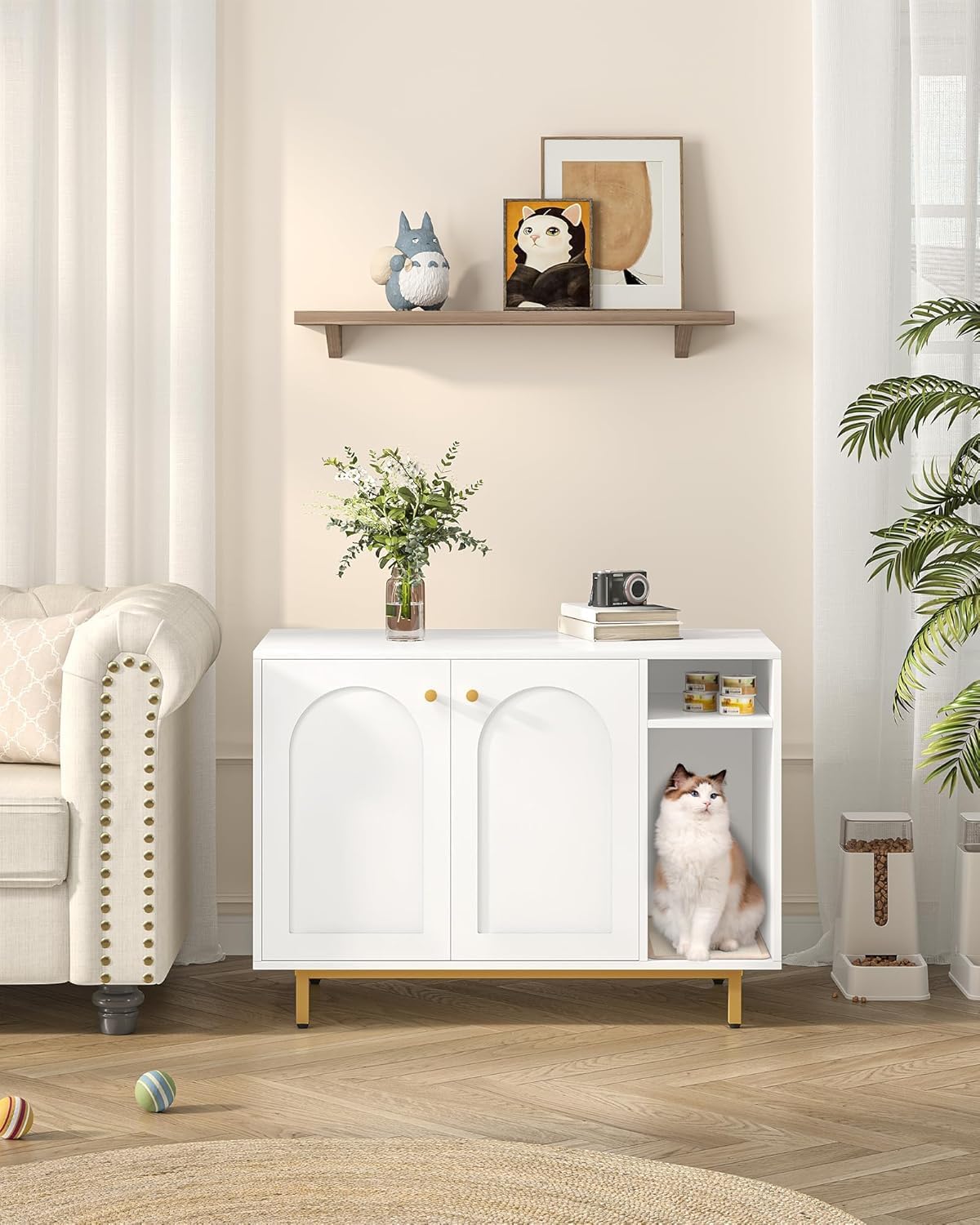 Hzuaneri Cat Litter Box Enclosure Enclosed, Hidden Litter Box Cabinet Furniture with Storage, Wooden Indoor Cat House Large, Modern End Table for Living Room Entryway, White and Gold CB84903A