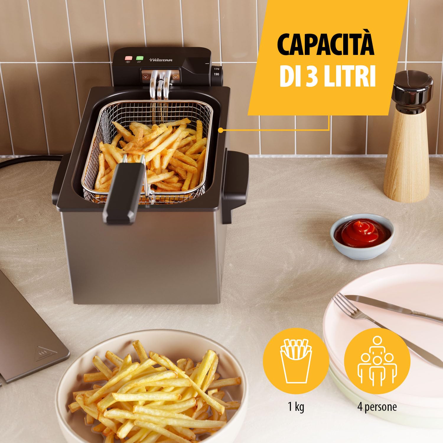 Tristar Friggitrice, 3L Capacità, 2000W, Tecnologia Cool Zone, Acciaio Inossidabile, Termostato Regolabile, Facile da Pulire, Parti Rimovibili, FR-9325