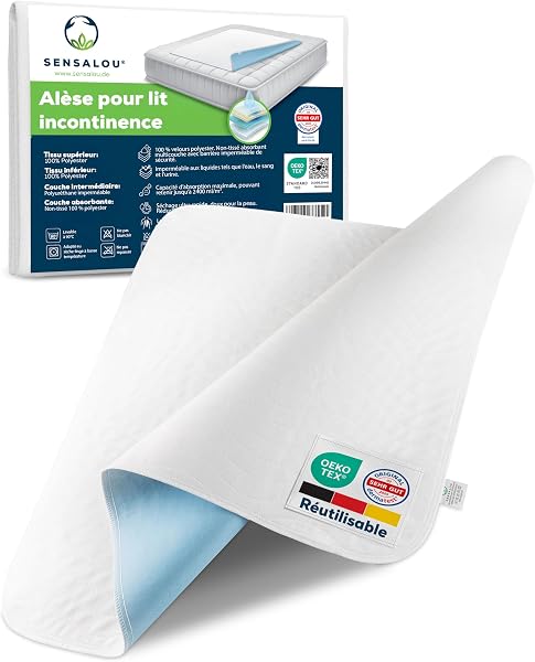 Sensalou Protège-Lit Imperméable Réutilisable 50x70 cm – Alèse Lavable Ultra Absorbante pour Incontinence, Bébé, Adulte, Senior – Protection Étanche 2400 ML/m² – Certifié Oeko-TEX & Dermatest 1 Pièce - 1