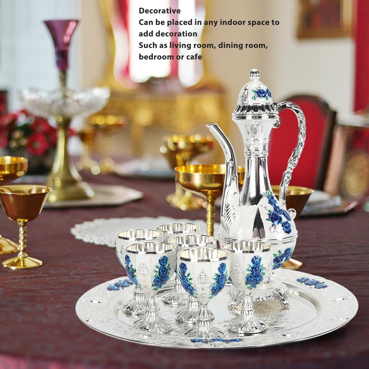 Vintage Turkish Coffee Pot Set, 7Pcs Metal Tea Set with 6 Cups Tray Elegant Alloy Teapot and Wine Glasses for Home Party Wedding Luxury Entertaining Set for Tea Coffee Cocktails (Silver White Blue)