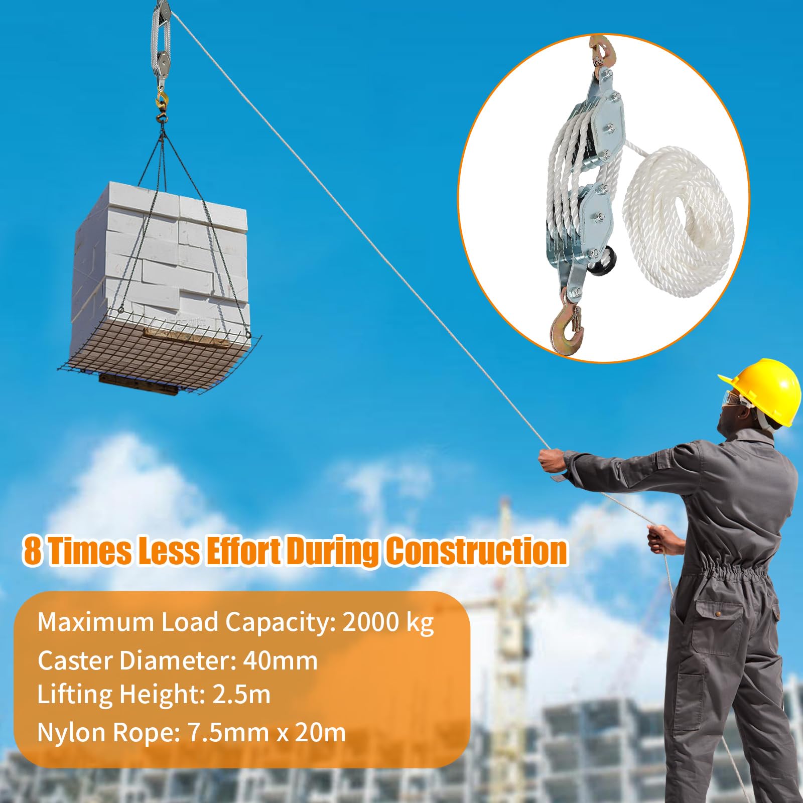 Palan à Poulie De Levage, Bloc En Acier Galvanisé Avec Corde En Nylon Multiple Et Crochet De Securite Pour Charges Lourdes~p144624205