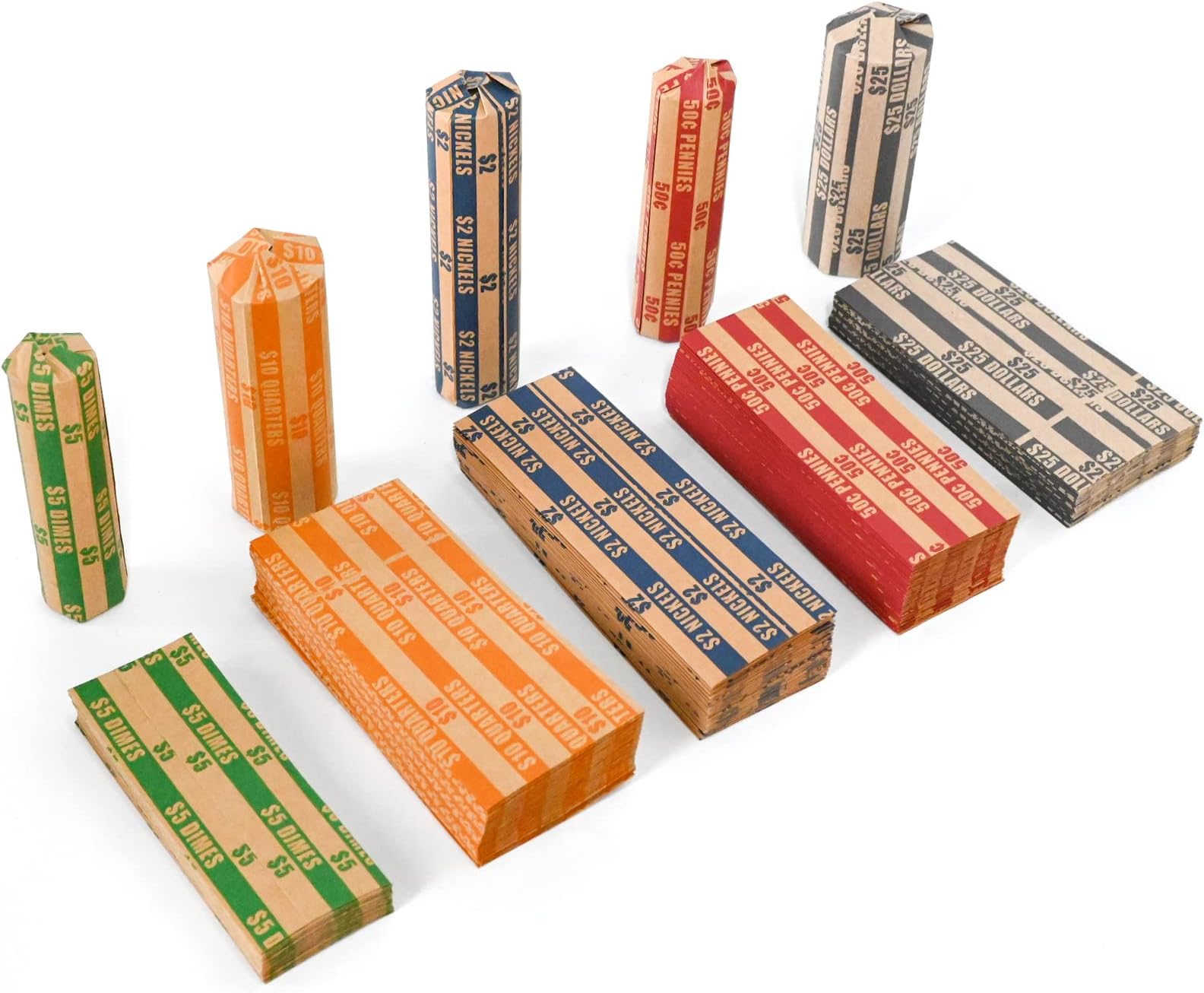 L LIKED 175 Assorted Bundle Flat Striped Coin Wrappers (50 Pennies, 50 Quarters，25 Nickels，25 dimes and 25 Dollars)