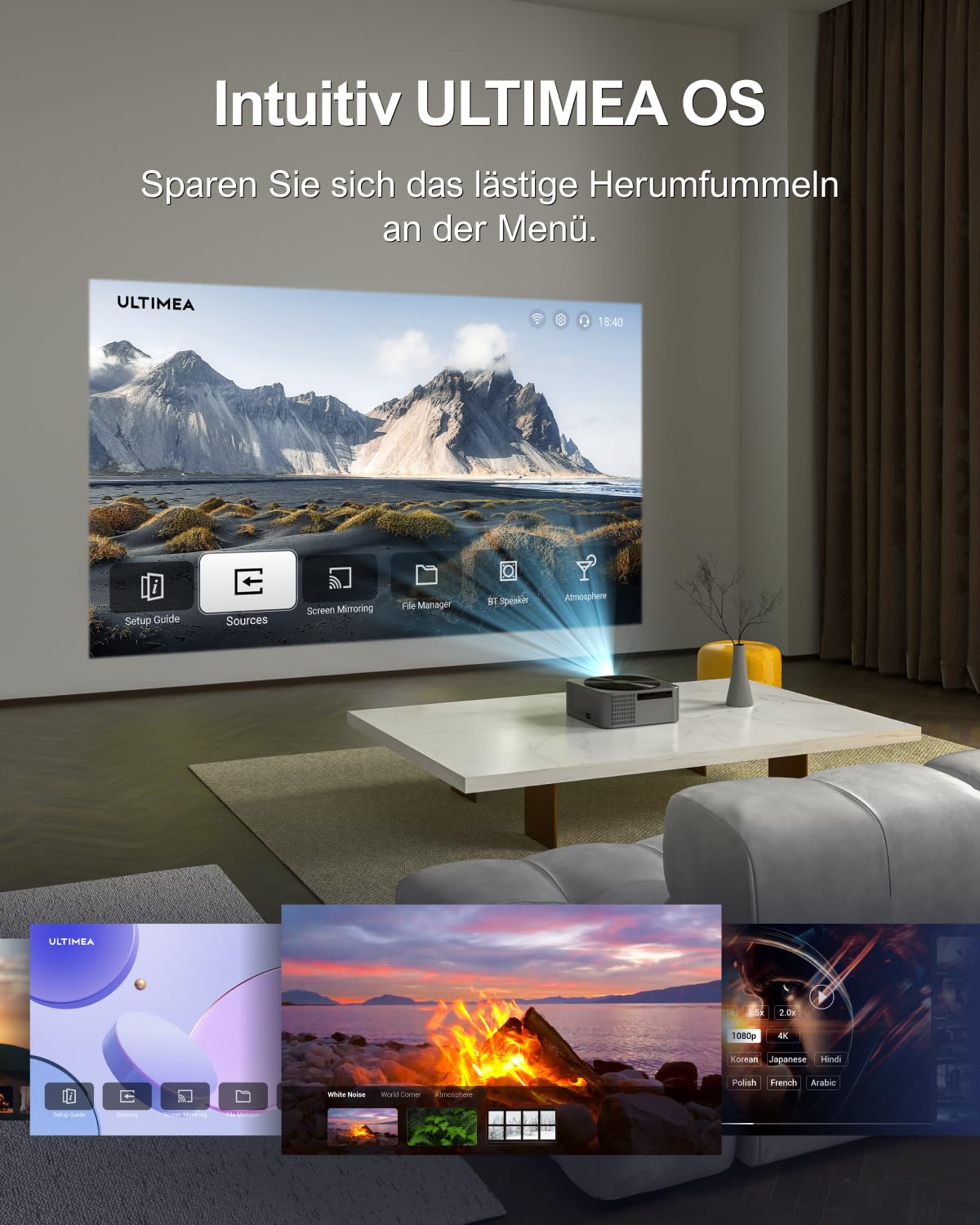 ULTIMEA Beamer WiFi Bluetooth Auto Fokus/Keystone, 700ANSI 21000 Lux, Overheadprojektor 4K, unterstützt Full HD 1080P, Nativ, Heimkino, tragbarer Projektor für iOS Android Phone/TV Stick/Switch