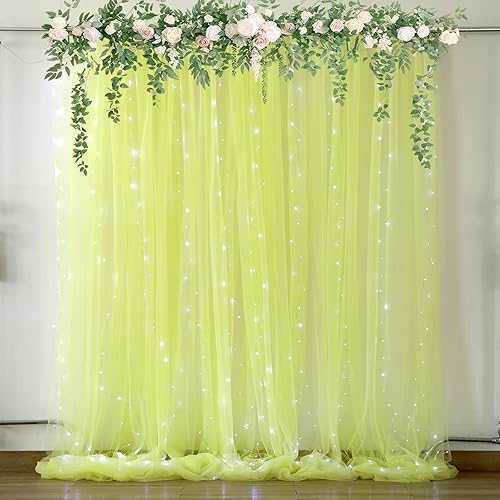 Cortinas de fondo de tul amarillo con cadena de luces para sesión de fotos de fiesta de cumpleaños, 2 paneles de 5 x 8 pies, cortinas de fondo