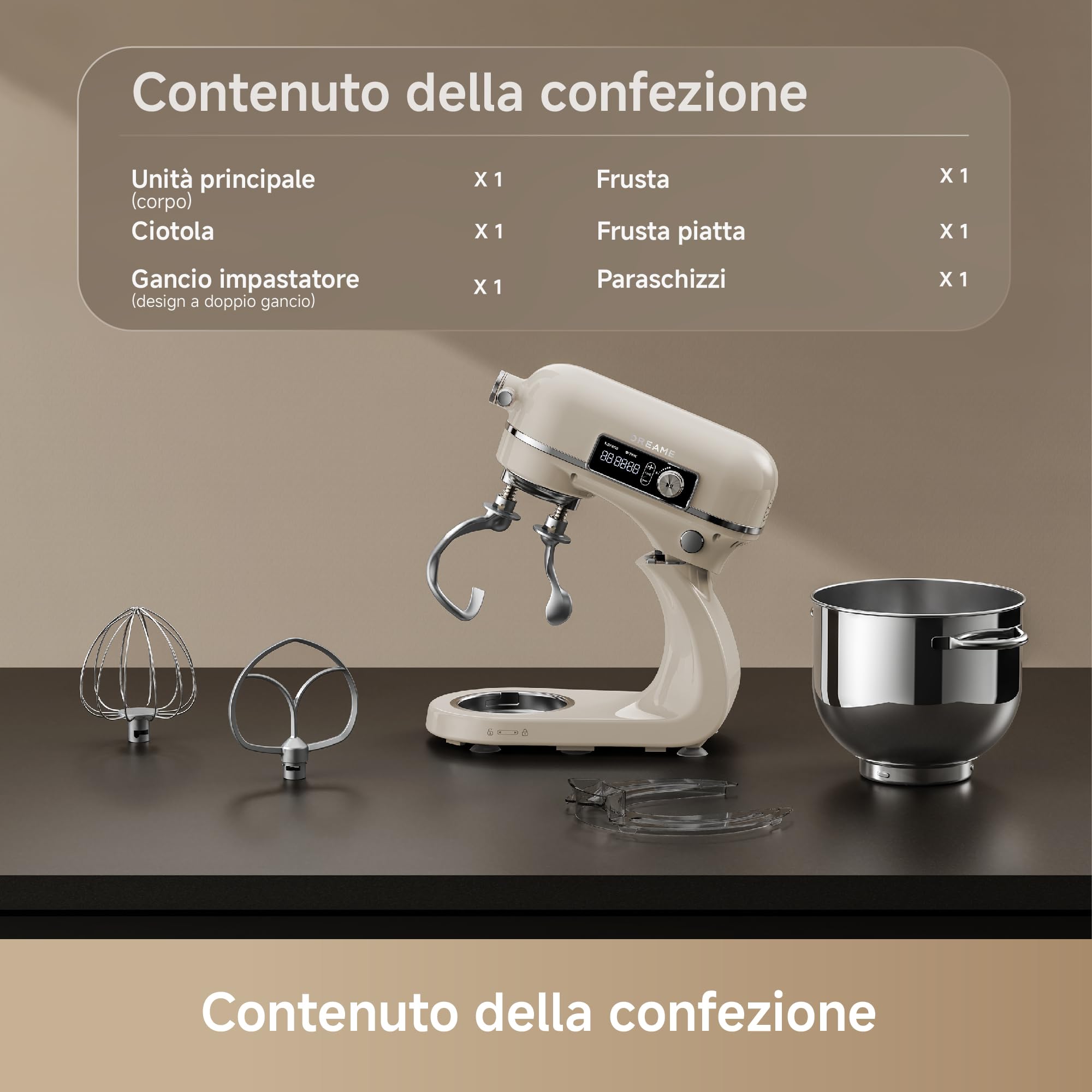DREAME BioKnead Impastatrice Planetaria. Doppio Gancio Brevettato e Motore CC Silenzioso da 800 W con Ciotola da 6 L, Display Digitale, 12 Velocità e Numerosi Accessori per Ogni Attività, Bianco