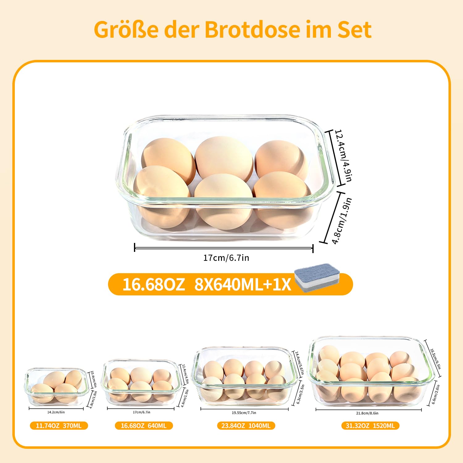 LNWSN Set contenitori per alimenti, 8 contenitori per alimenti in vetro da 640 ml con bottoni a pressione su tutti e quattro i lati, contenitori riutilizzabili ideali per picnic all'aperto
