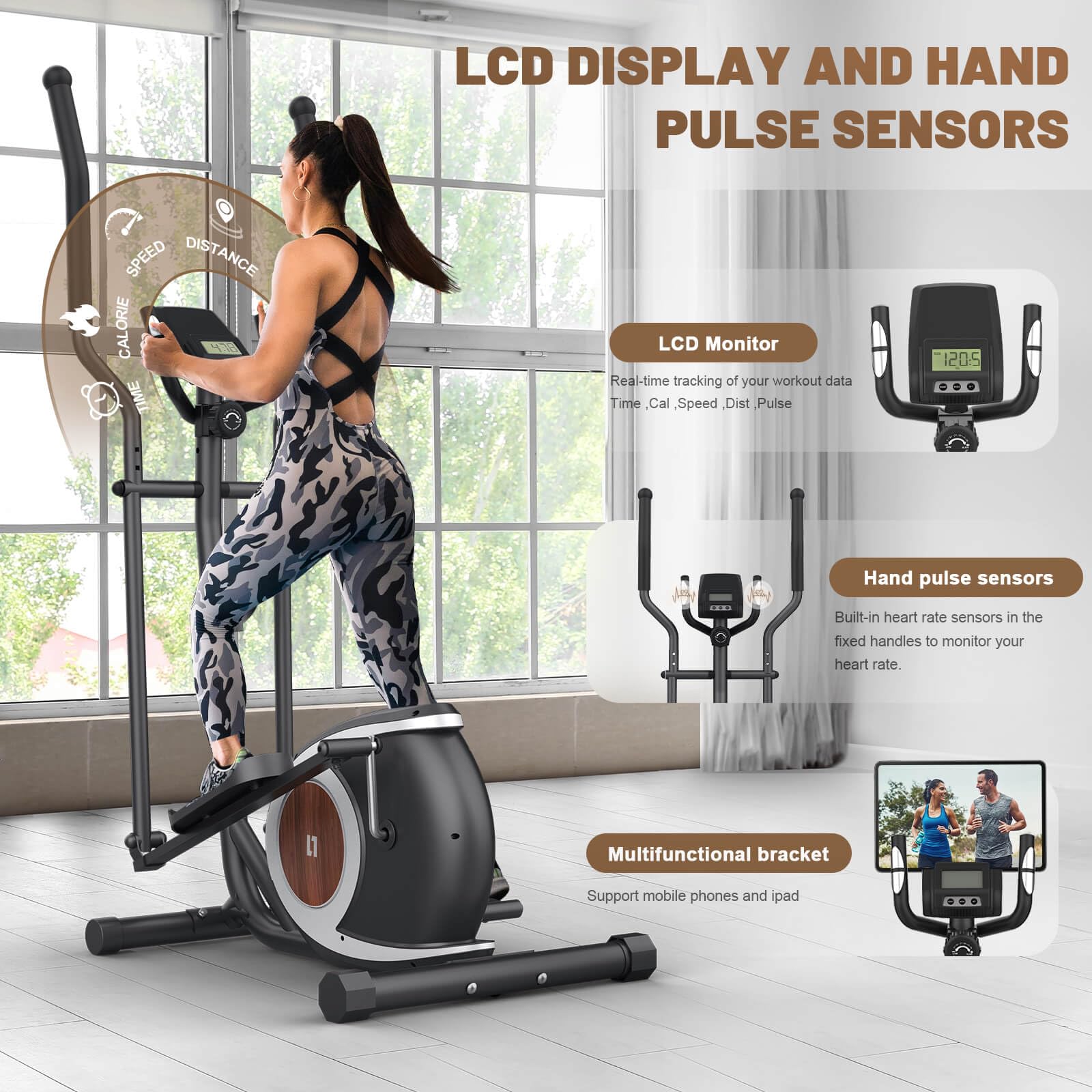 Vélo Elliptique, Machine Elliptiques Magnétique avec Application Bluetooth Smart, 16 Niveaux De Résistance, Écran LCD, Porte-gobelet, Appareil Elliptique d'exercice pour La Maison