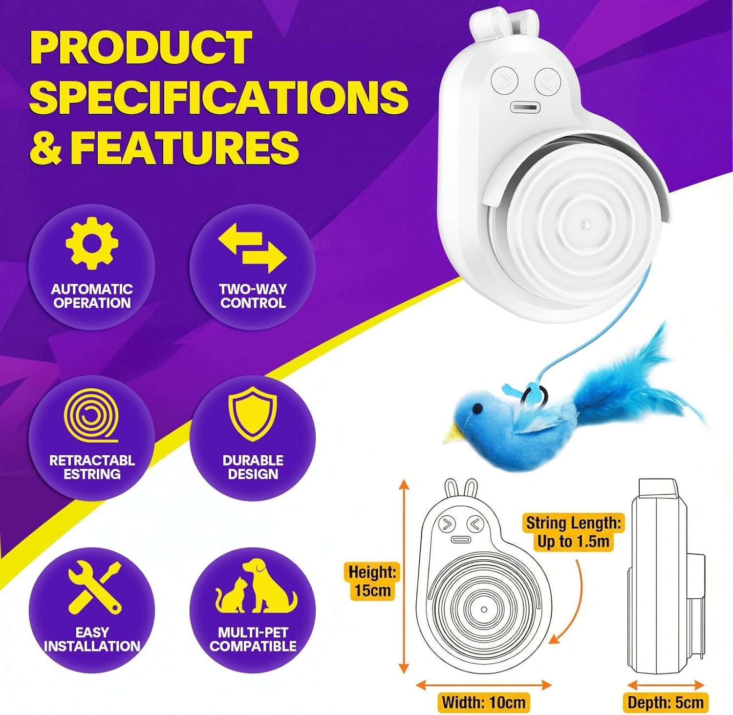 Jouets interactifs pour chats d'intérieur : plume d'oiseau volant automatique électrique et baguette de souris, jouet d'enrichissement électrique rechargeable pour chatons ennuyés et chats adultes