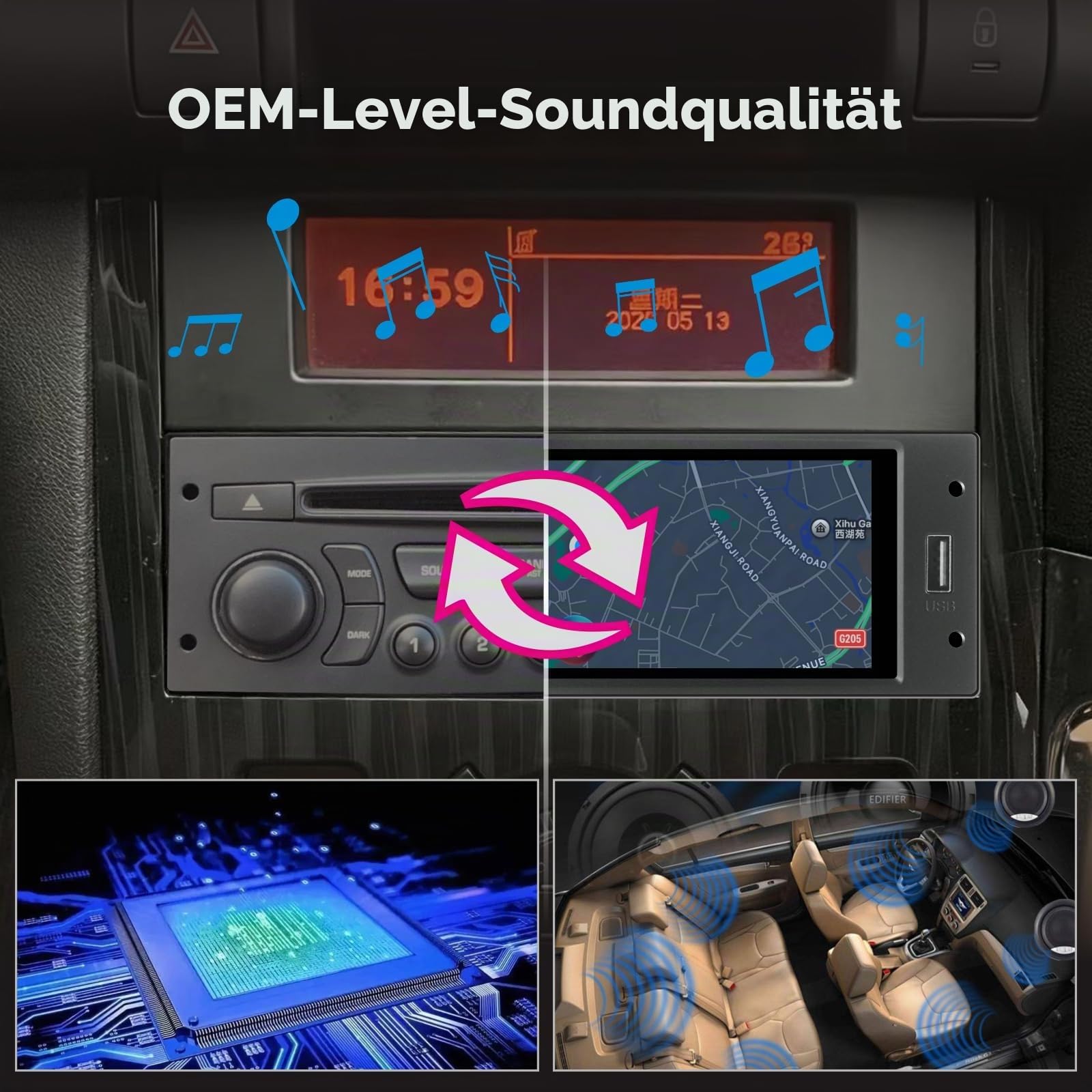 Linux Single DIN Autoradio für Peugeot 206 207 308 3008 Citroën C2 C3 C4 Picasso mit kabellosem CarPlay und Android Auto, Touchscreen, Plug & Play, Bluetooth, FM/AM-Radio