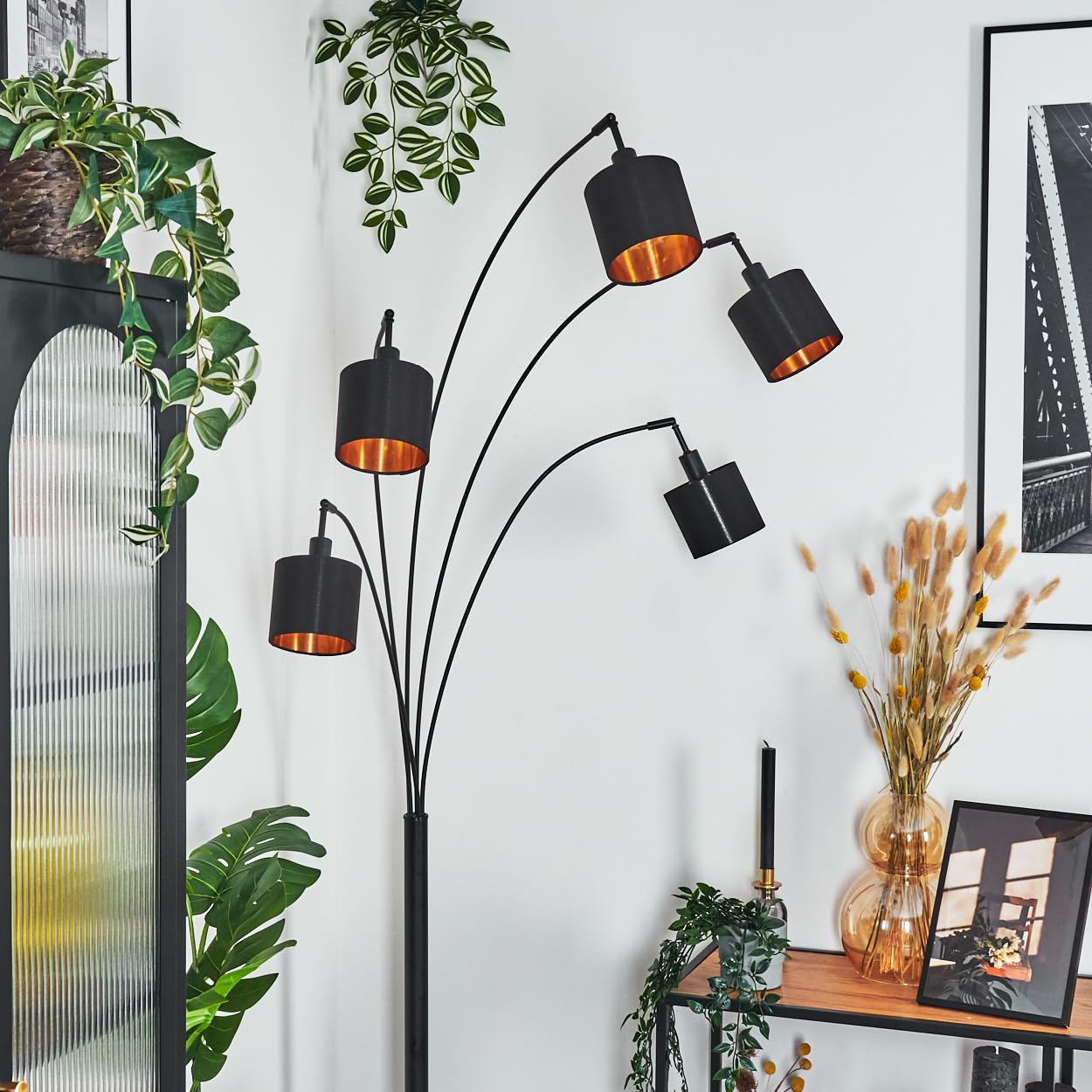 HOFSTEIN Stehleuchte Alsen, moderne Stehlampe mit Marmorfuß aus Metall/Stoff in Schwarz/Kupferfarben, verstellbare Leuchte, Fußschalter, E14, Wohnzimmer, Schlafzimmer, Flur, Büro