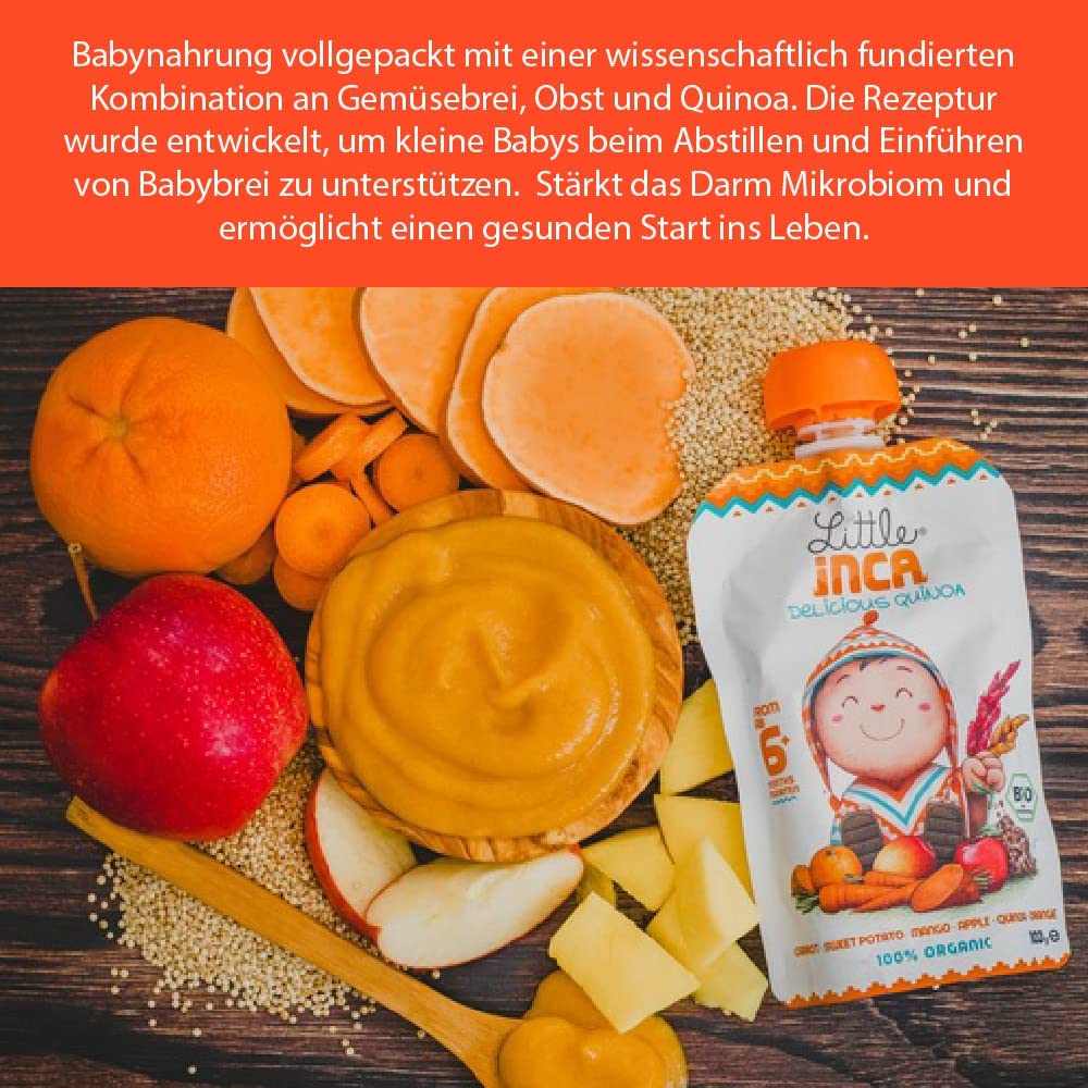 Little Inca Happy Orange (6 x 100 g) | Bio-Babynahrung auf pflanzlicher Quinoa-Basis, recycelbare Beutel, schont den Darm und fördert die kognitive Entwicklung | Laktosefrei | Ab 6 Monaten