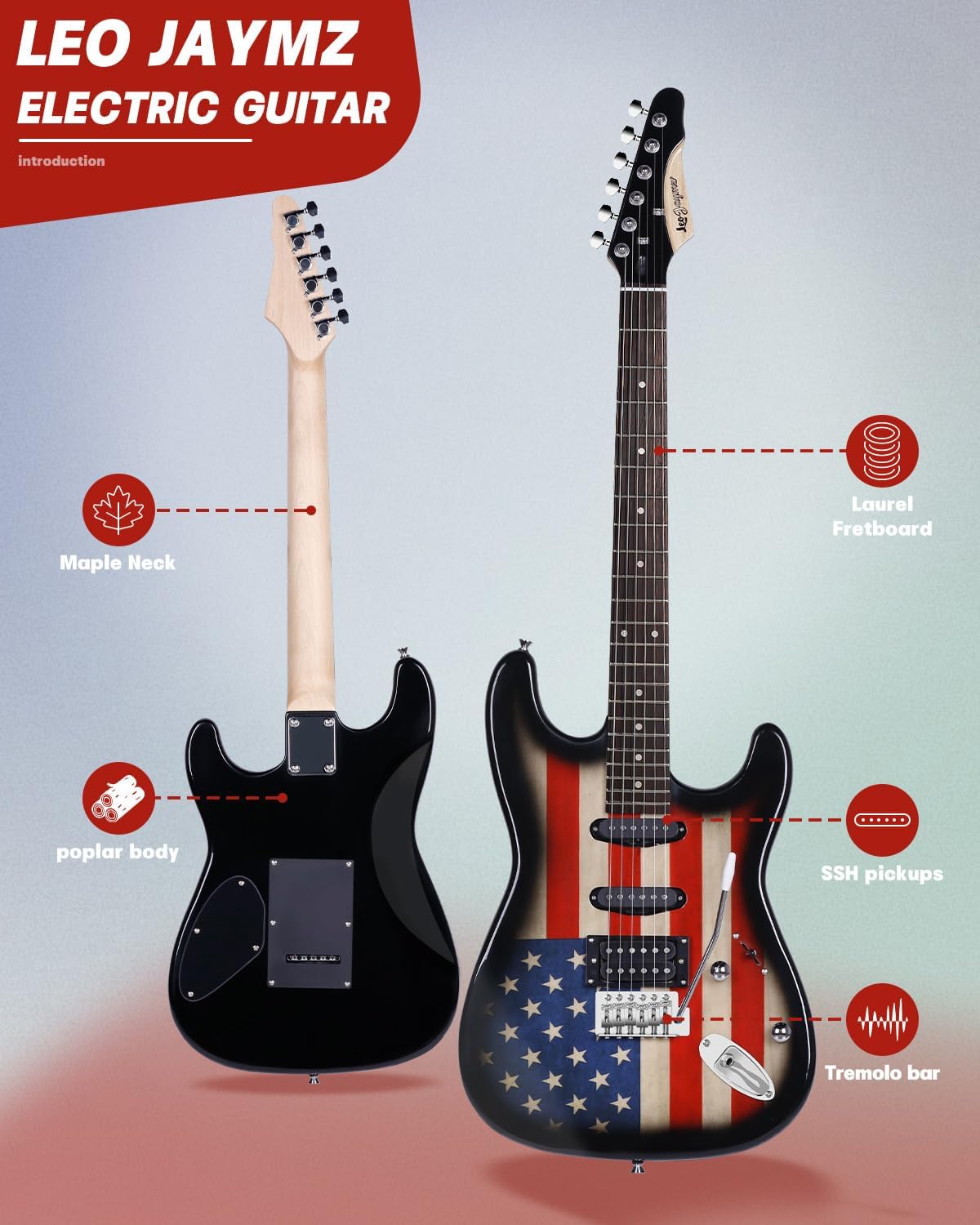 Leo Jaymz 39" Full Size ST Style Electric Guitar Starter Kit with SSH Pickup, 5W Portable Amp, Tuner, Gig Bag, Strap & Accessories (US Flag)