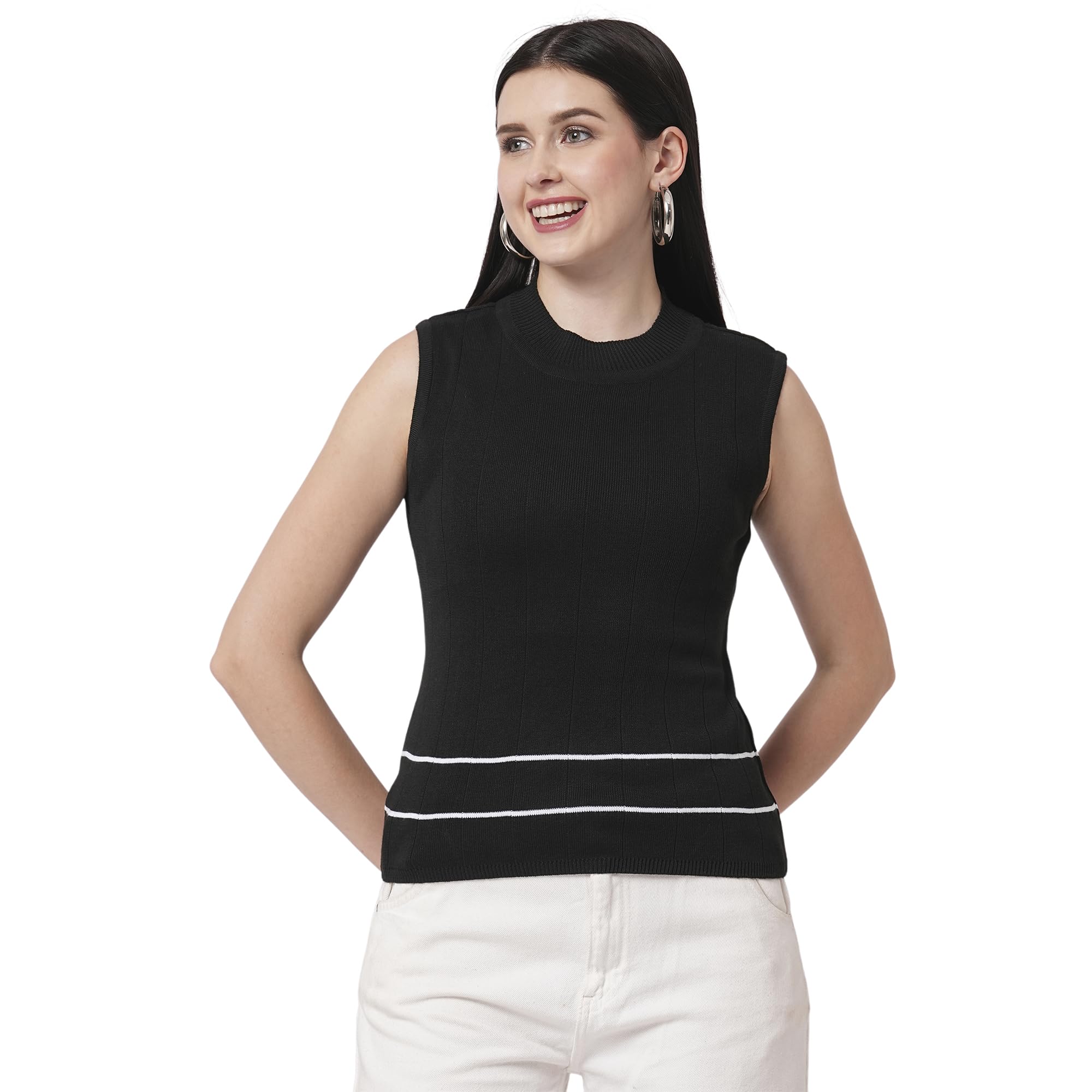 Drop Needle Flat Knit Turtle Neck Sleeveless Top