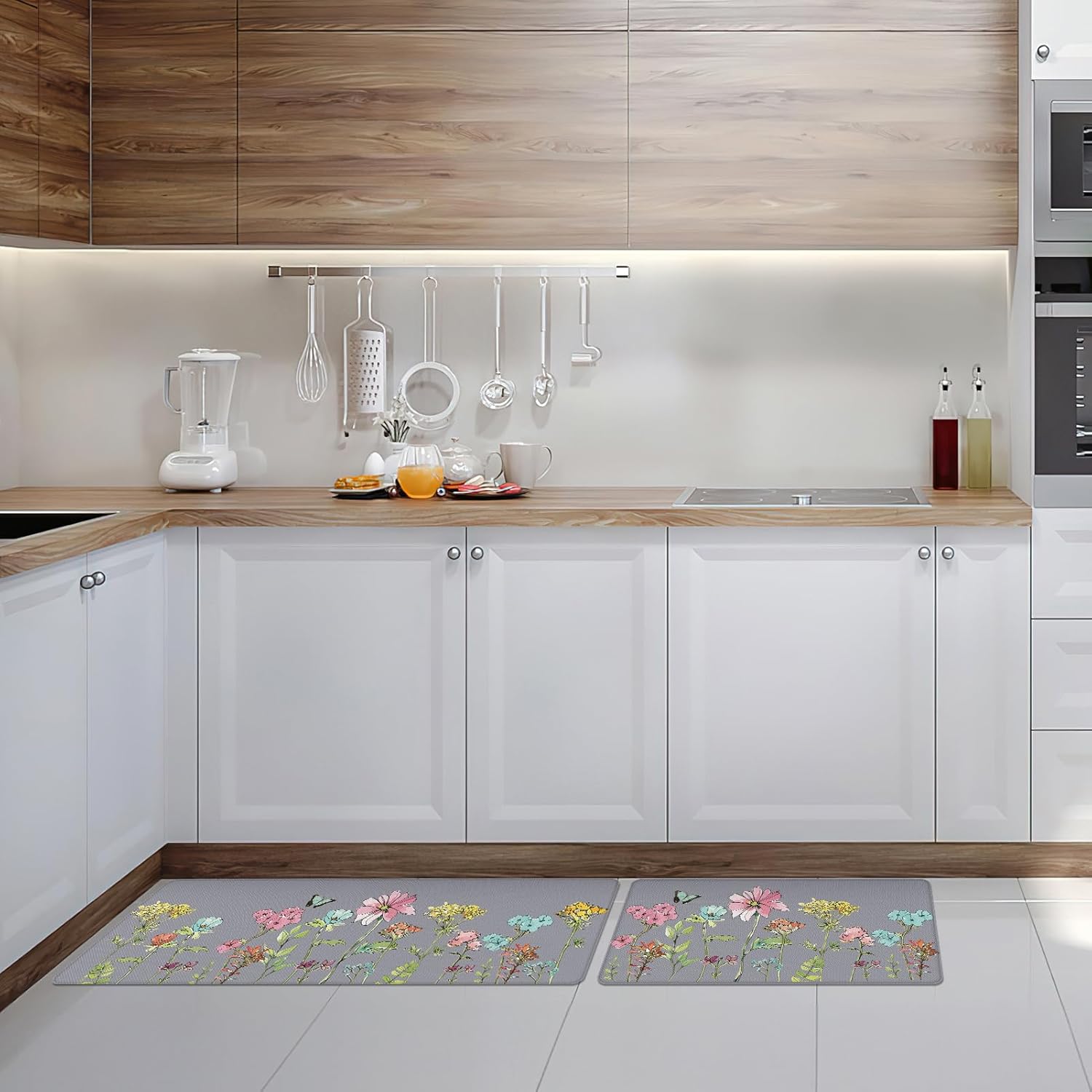 Kitchen Mats for Floor 2 Piece Grey, Colorful Flower Butterfly Kitchen Floor Mats for in Front of Sink, Floral Kitchen Rugs Non Slip Washable
