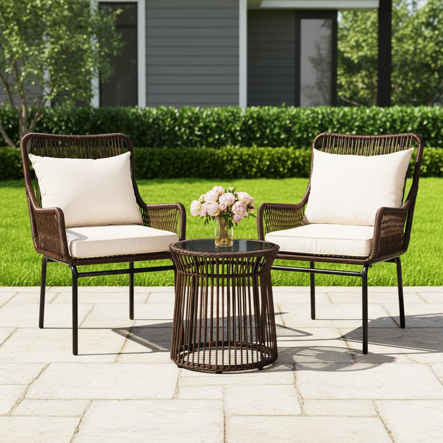 DEVOKO Outdoor 3 Piece Patio Rope Chair Table Set All Weather-Resistant Cushion Handmade Furniture Perfect for Balcony, Garden, Patio, Terrace(Brown & Cream)