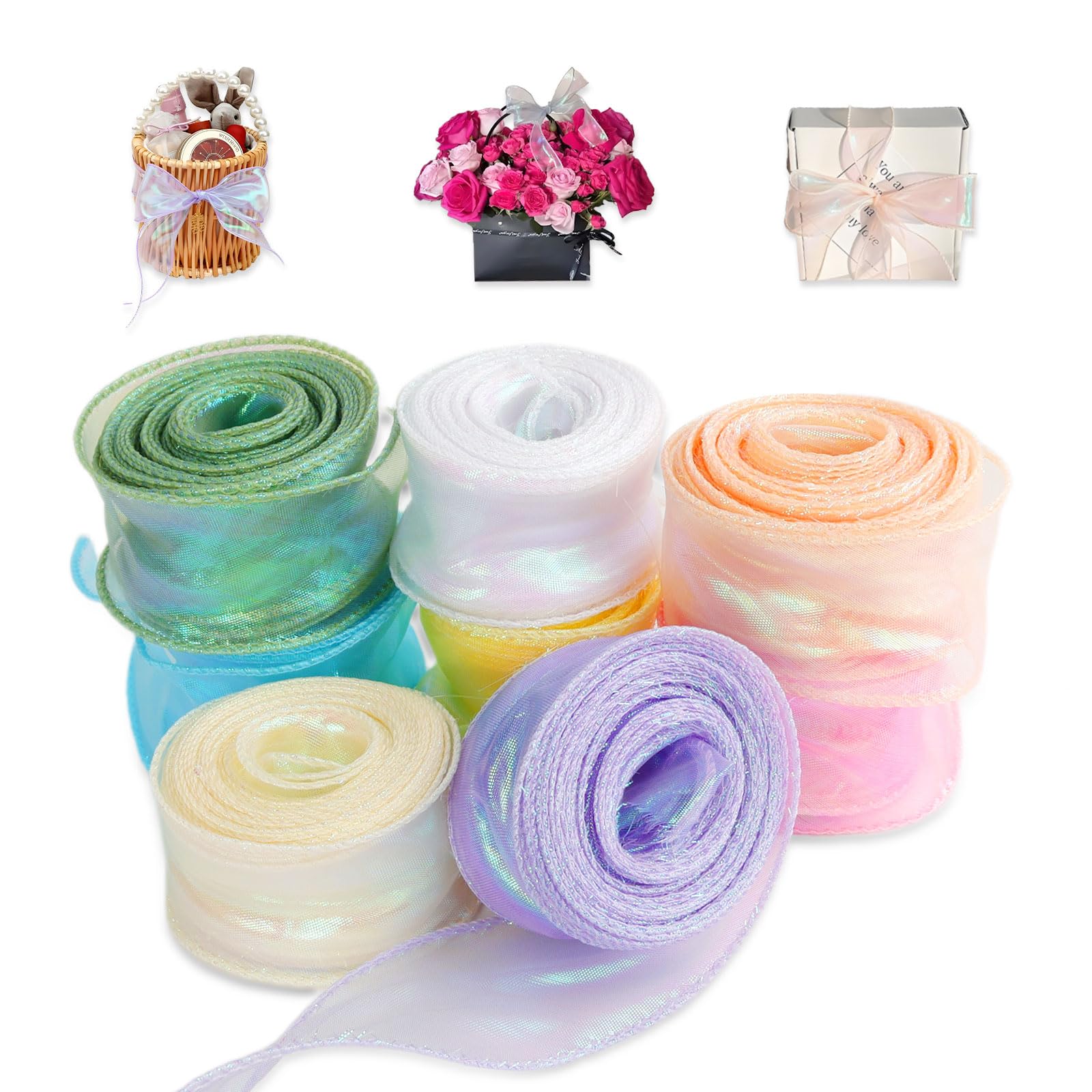 8 Rolls Organza Ribbon 4 cm x 9 m Chiffon Ribbon Shimmering Transparent Silk Ribbon Gift Ribbon Decorative Ribbons for Crafts Gift Ribbon Bows Wedding