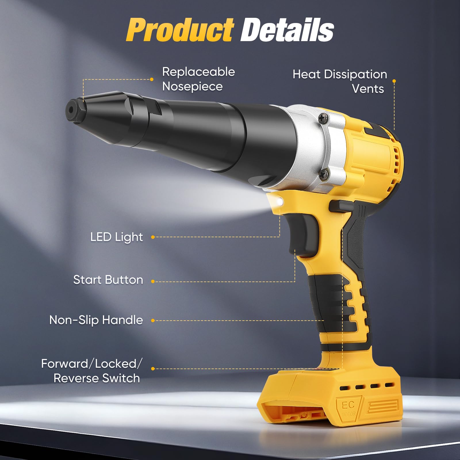 Rivettatrice a batteria con motore brushless, compatibile con batterie da 20 V, con luce da lavoro a LED e 3 ugelli per fai da te e costruzione
