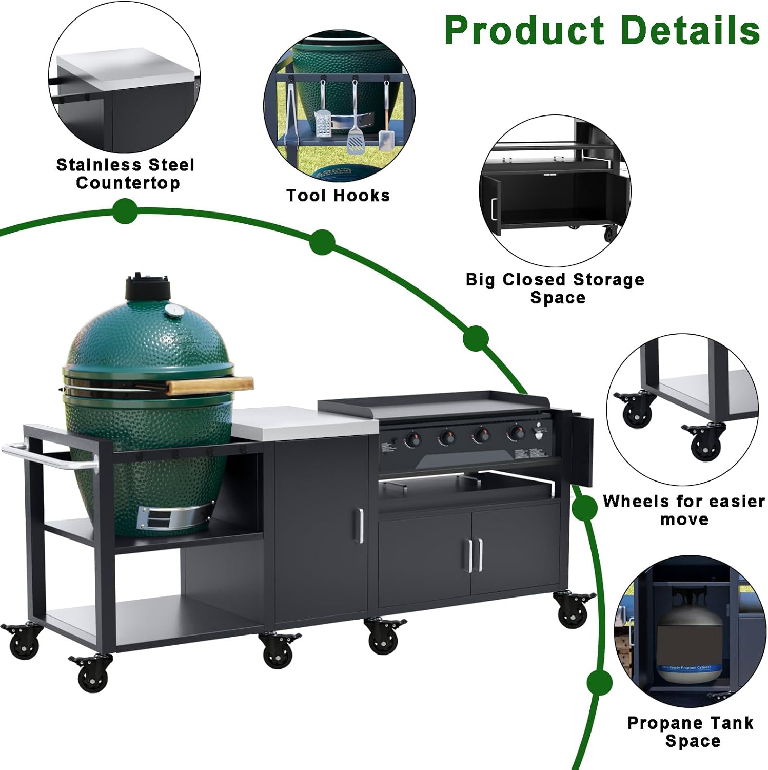 GDLF Outdoor Grill Cart for Big Green Egg& Blackstone Griddle, Metal Grill Table Compatible with Large Big Green Egg and 28"/36" Blackstone Griddle, Waterproof Cover Included